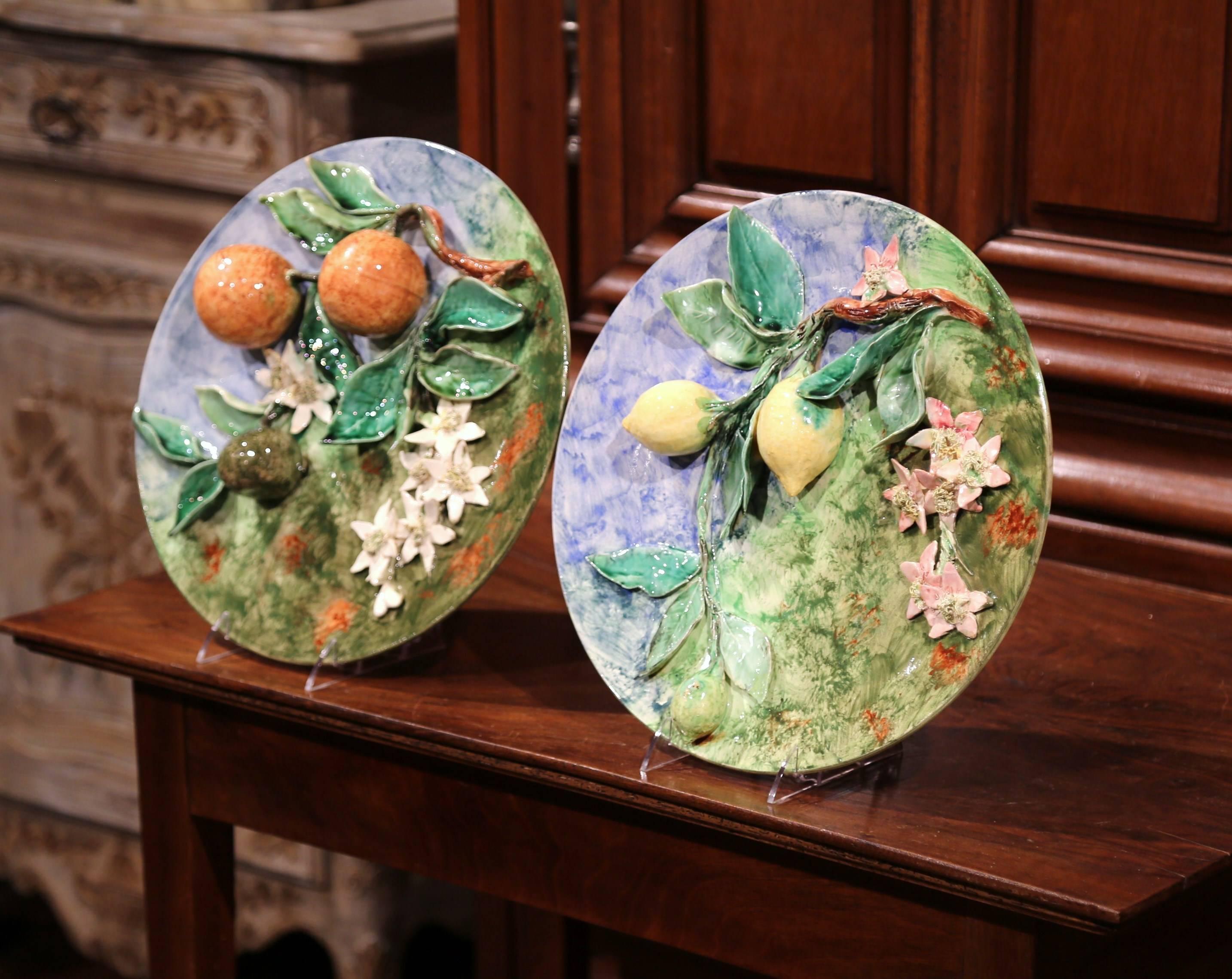 Pair of 19th Century French Hand-Painted Barbotine Wall Plates Stamped Longchamp 3