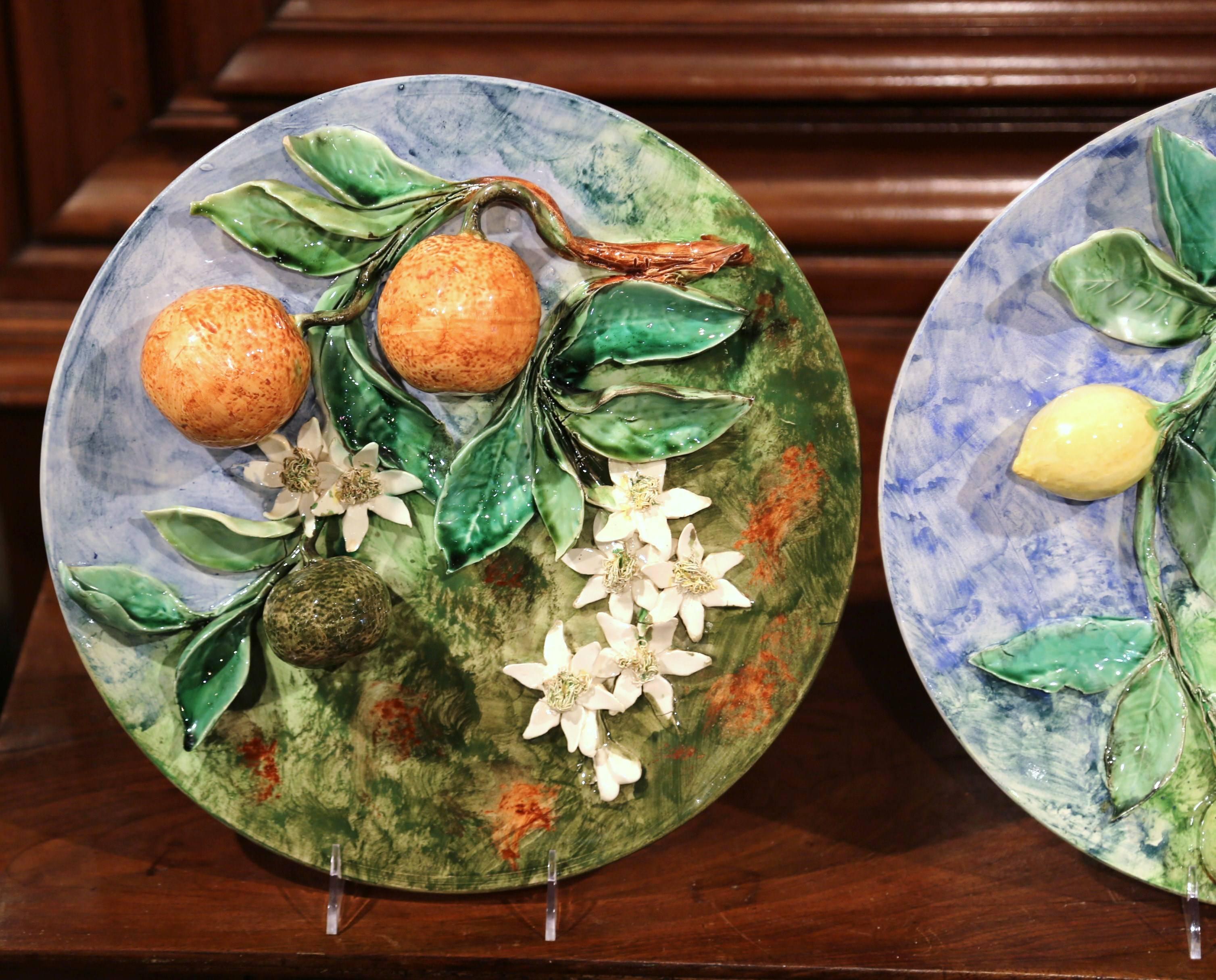 Hand-Crafted Pair of 19th Century French Hand-Painted Barbotine Wall Plates Stamped Longchamp