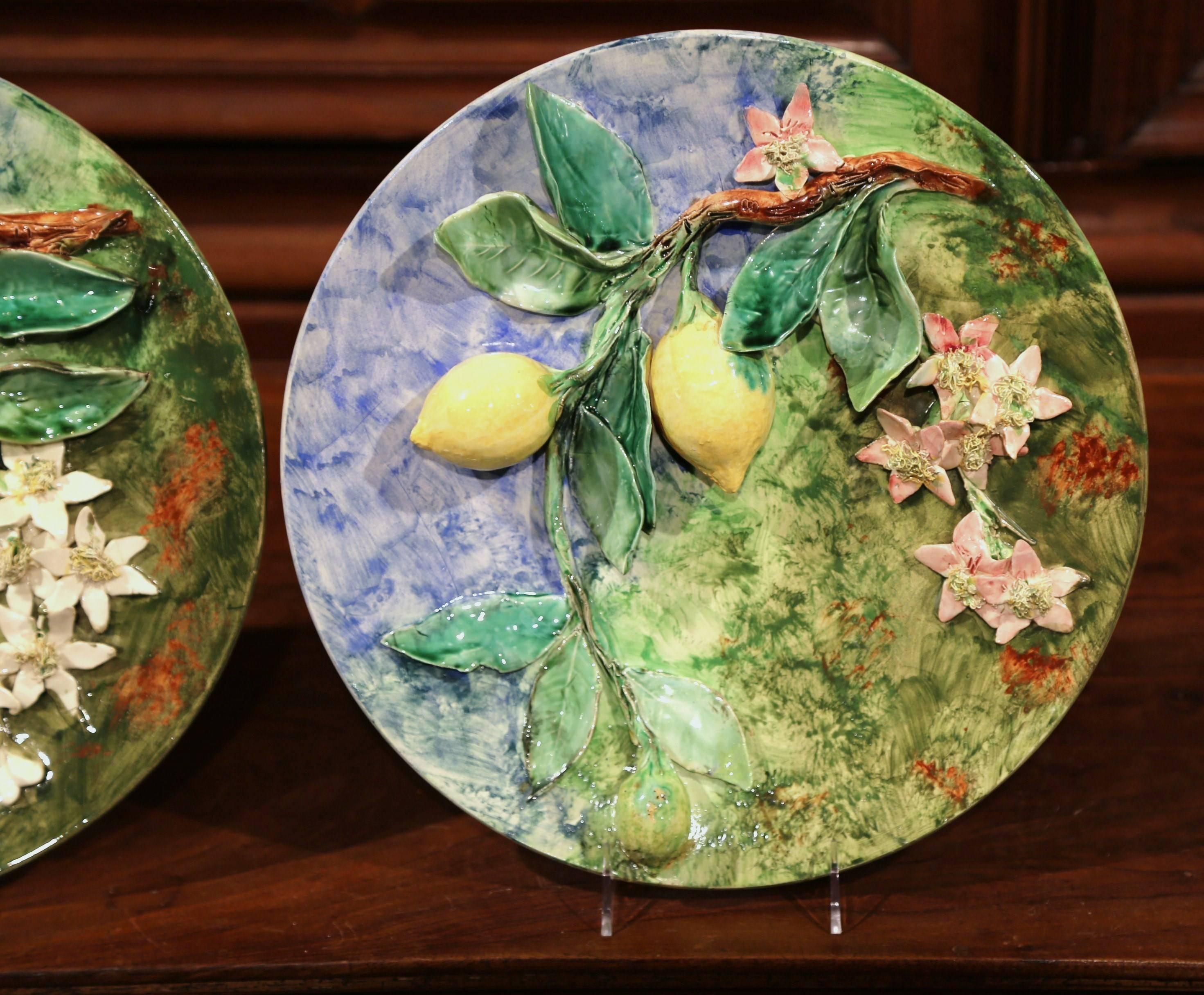 Pair of 19th Century French Hand-Painted Barbotine Wall Plates Stamped Longchamp In Excellent Condition In Dallas, TX