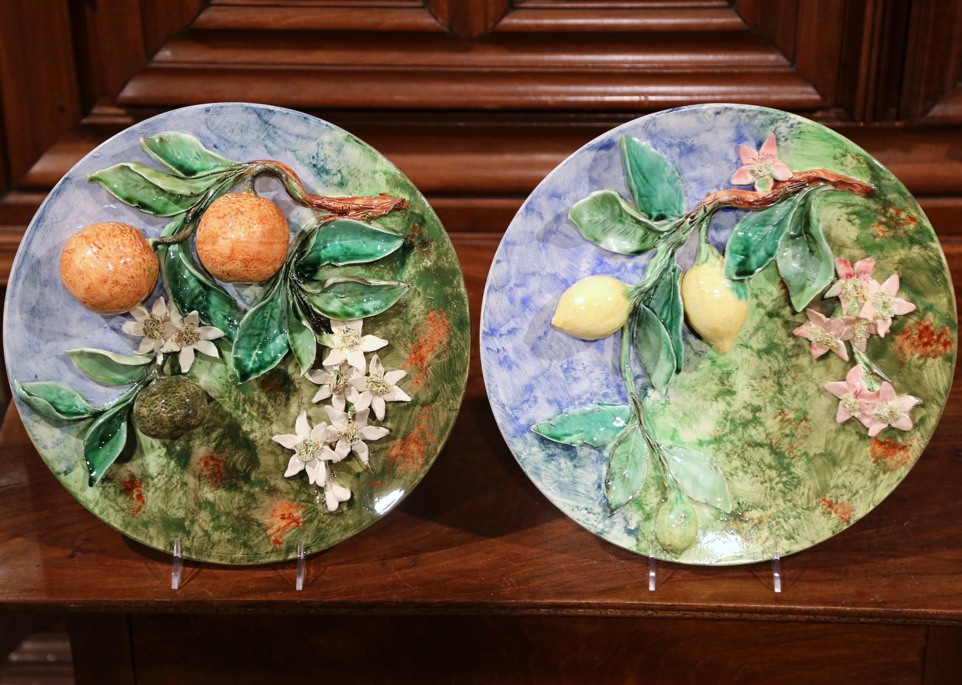 Ceramic Pair of 19th Century French Hand-Painted Barbotine Wall Plates Stamped Longchamp