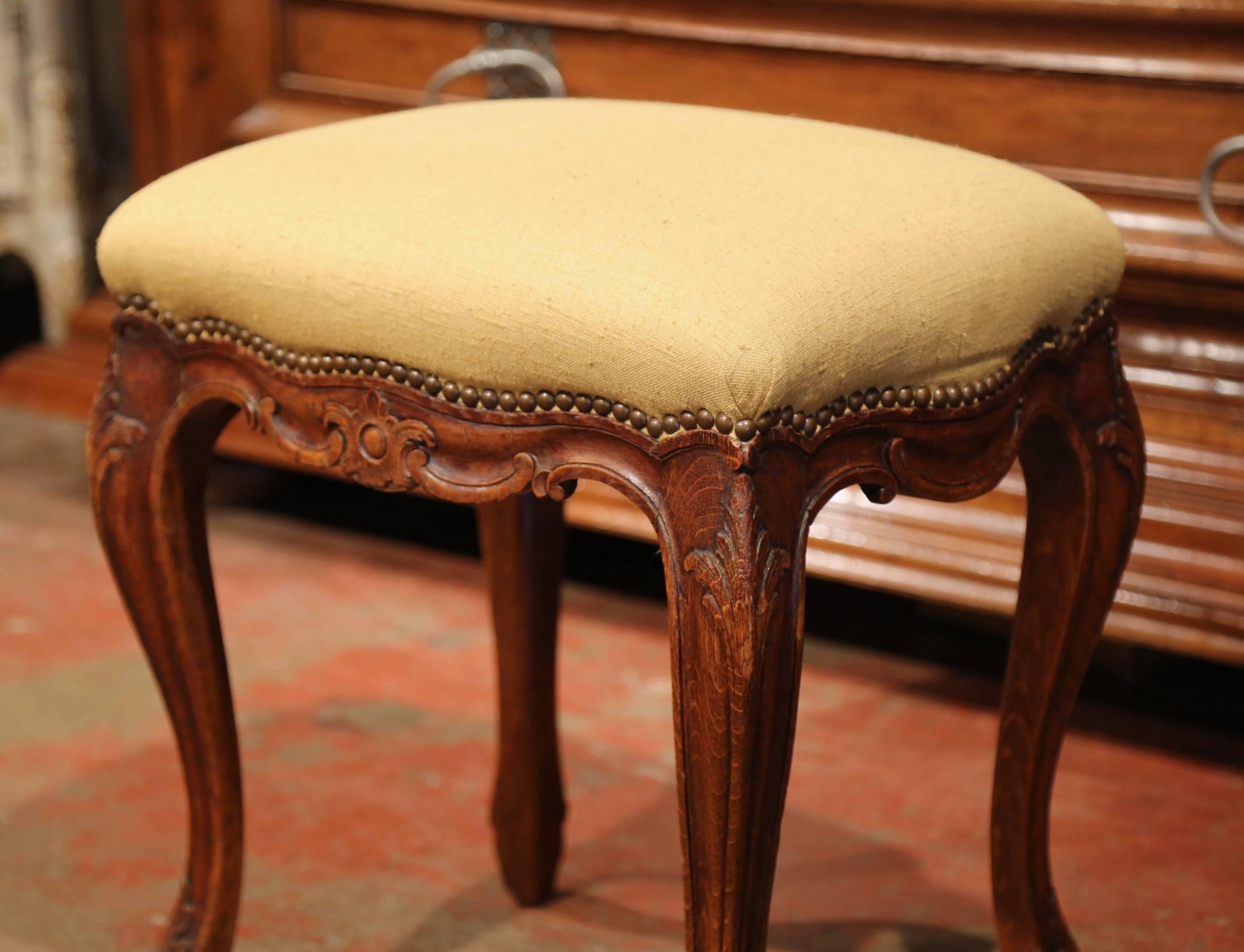 Hand-Carved Pair of Early 20th Century French Louis XV Carved Stools with Fabric