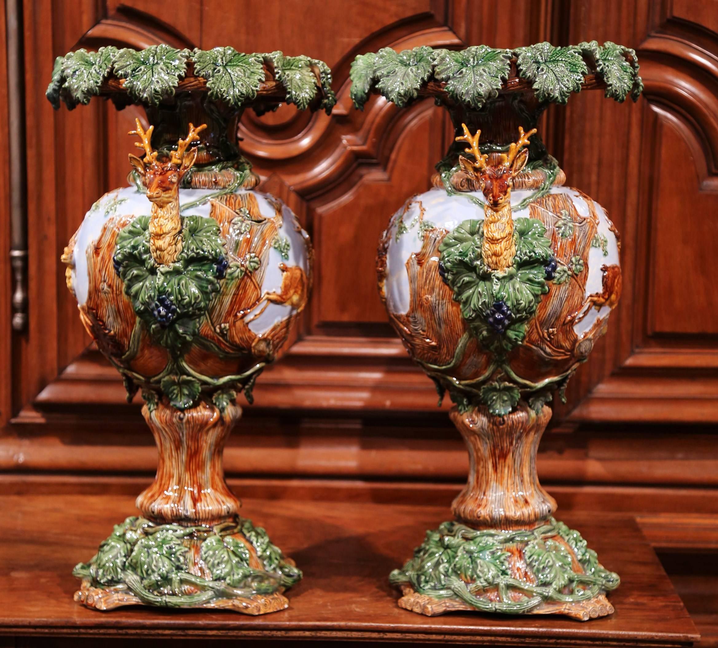 Pair of 19th Century French Painted Barbotine Vases with Deer, Grapes and Vines 2