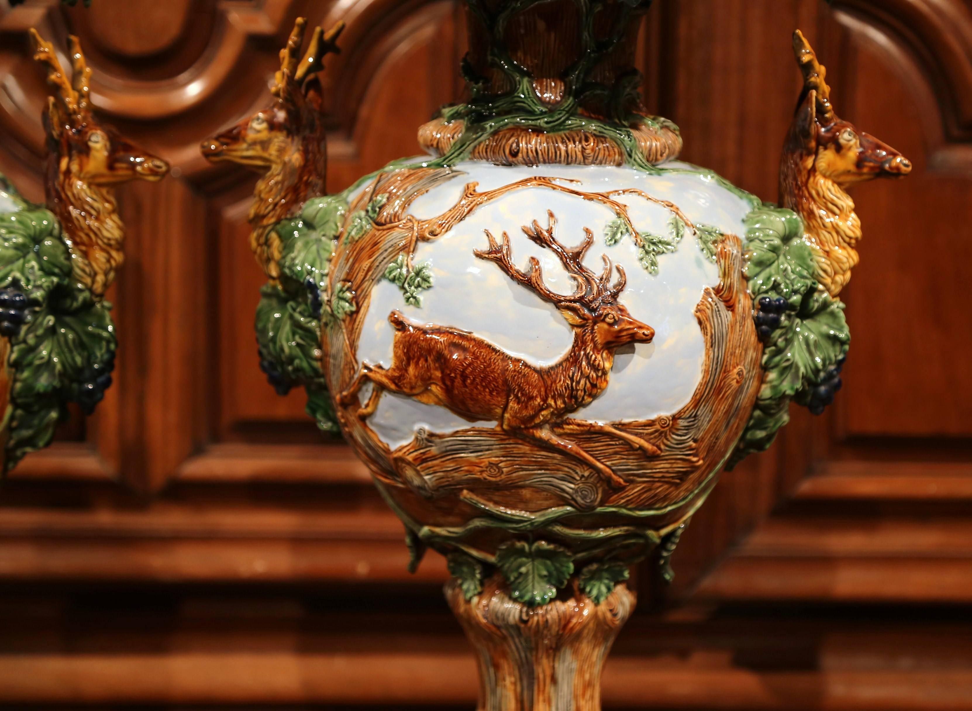 Pair of 19th Century French Painted Barbotine Vases with Deer, Grapes and Vines 1