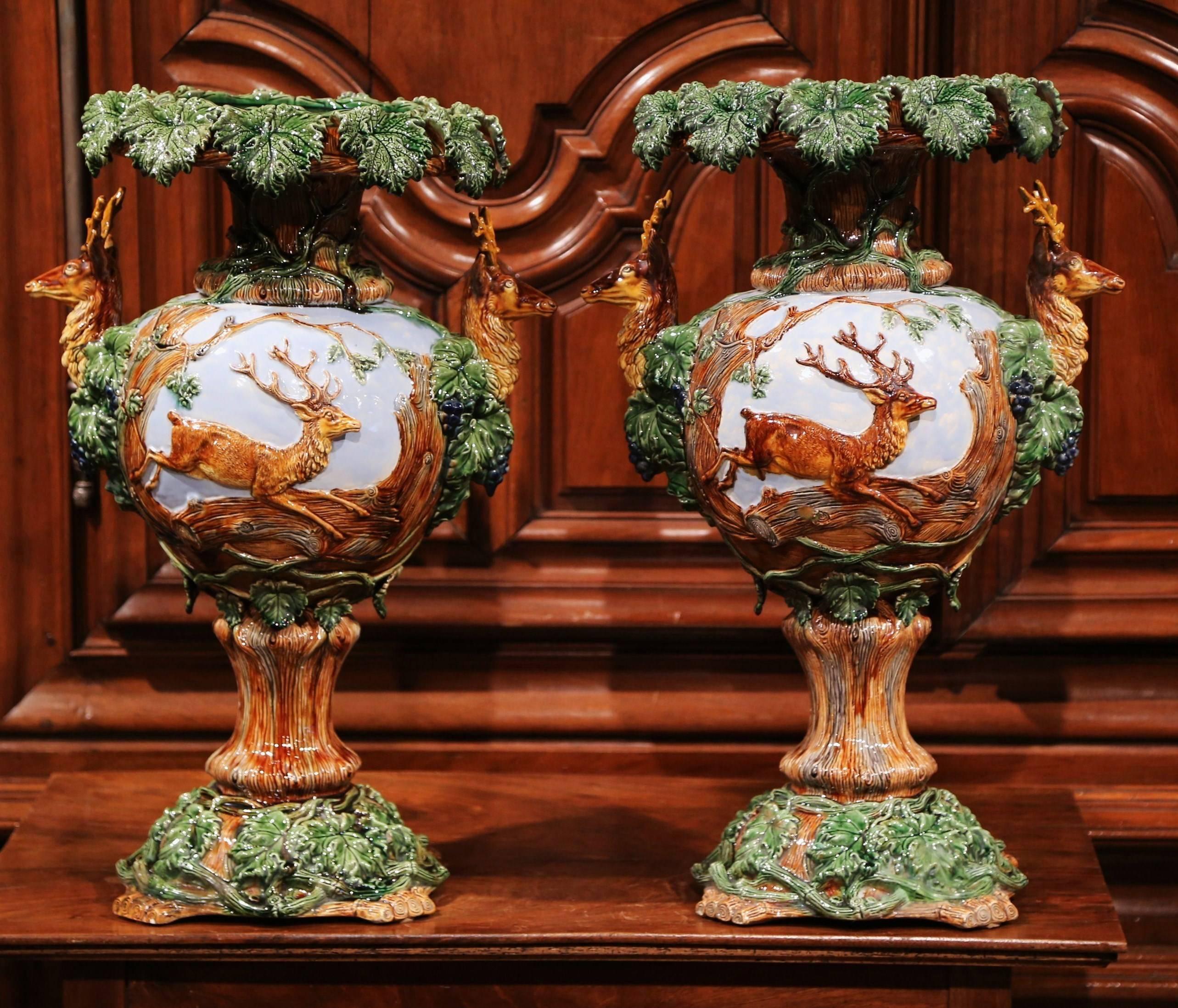 Faience Pair of 19th Century French Painted Barbotine Vases with Deer, Grapes and Vines