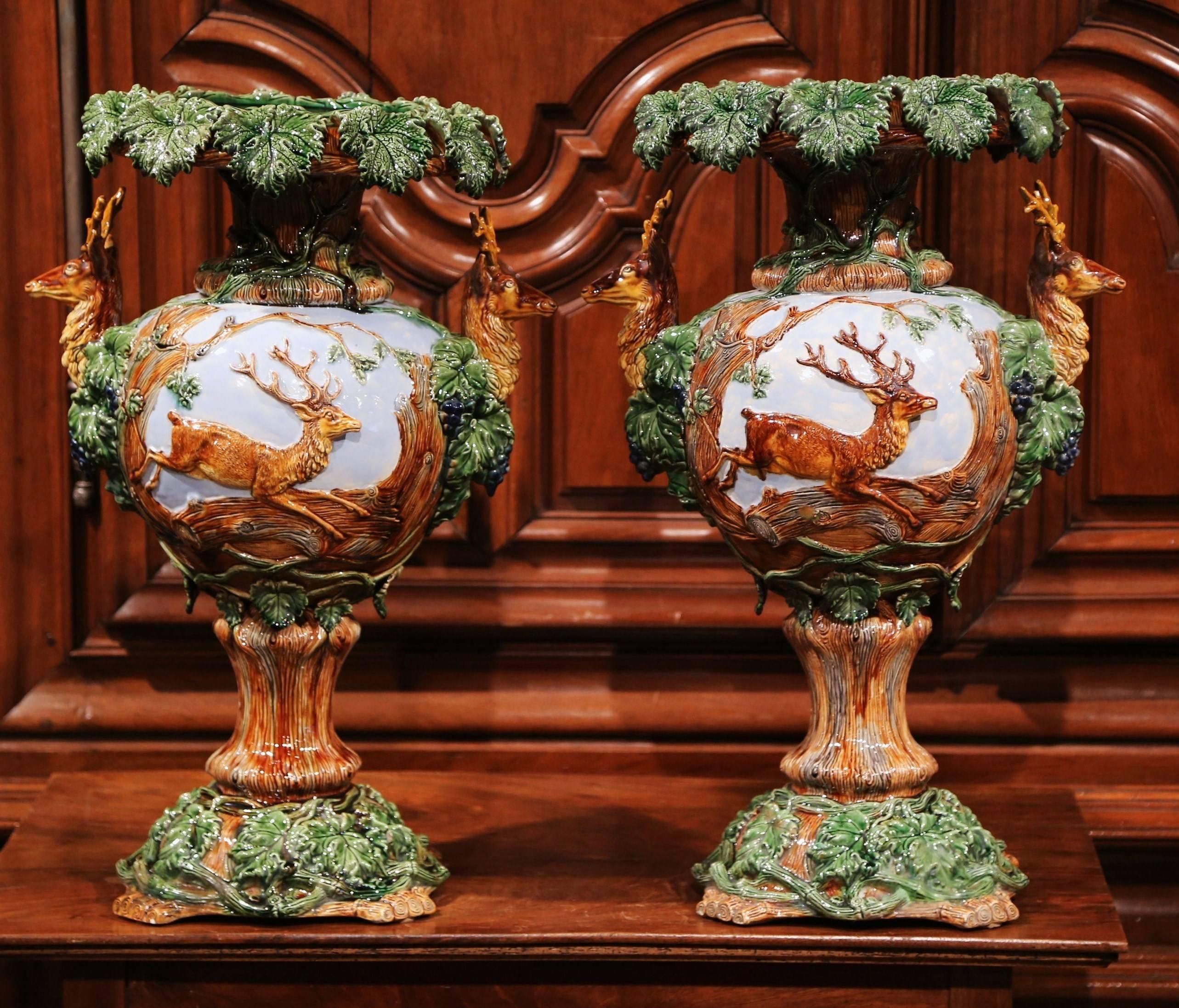 Faience Pair of 19th Century French Painted Barbotine Vases with Deer, Grapes and Vines