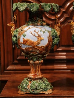 Pair of 19th Century French Painted Barbotine Vases with Deer, Grapes and Vines