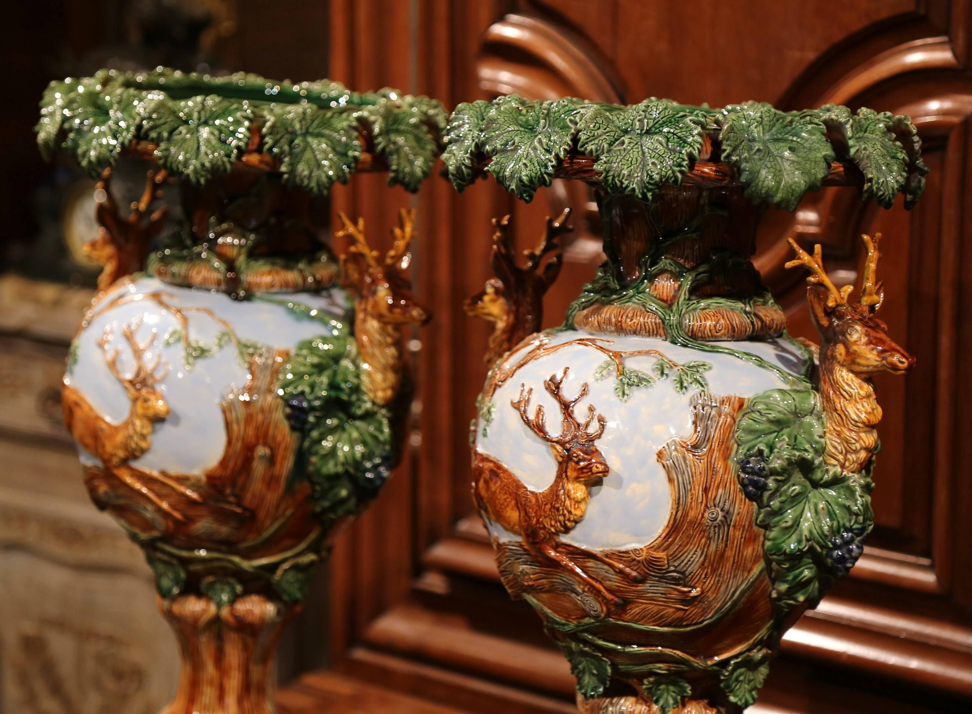 Pair of 19th Century French Painted Barbotine Vases with Deer, Grapes and Vines In Excellent Condition In Dallas, TX