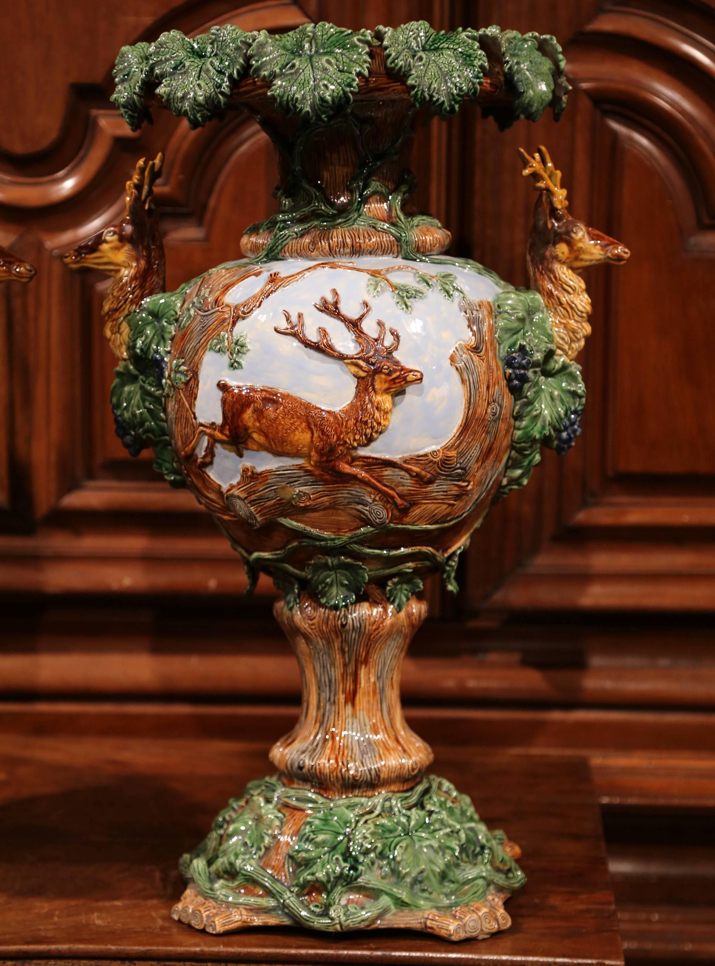 Hand-Painted Pair of 19th Century French Painted Barbotine Vases with Deer, Grapes and Vines