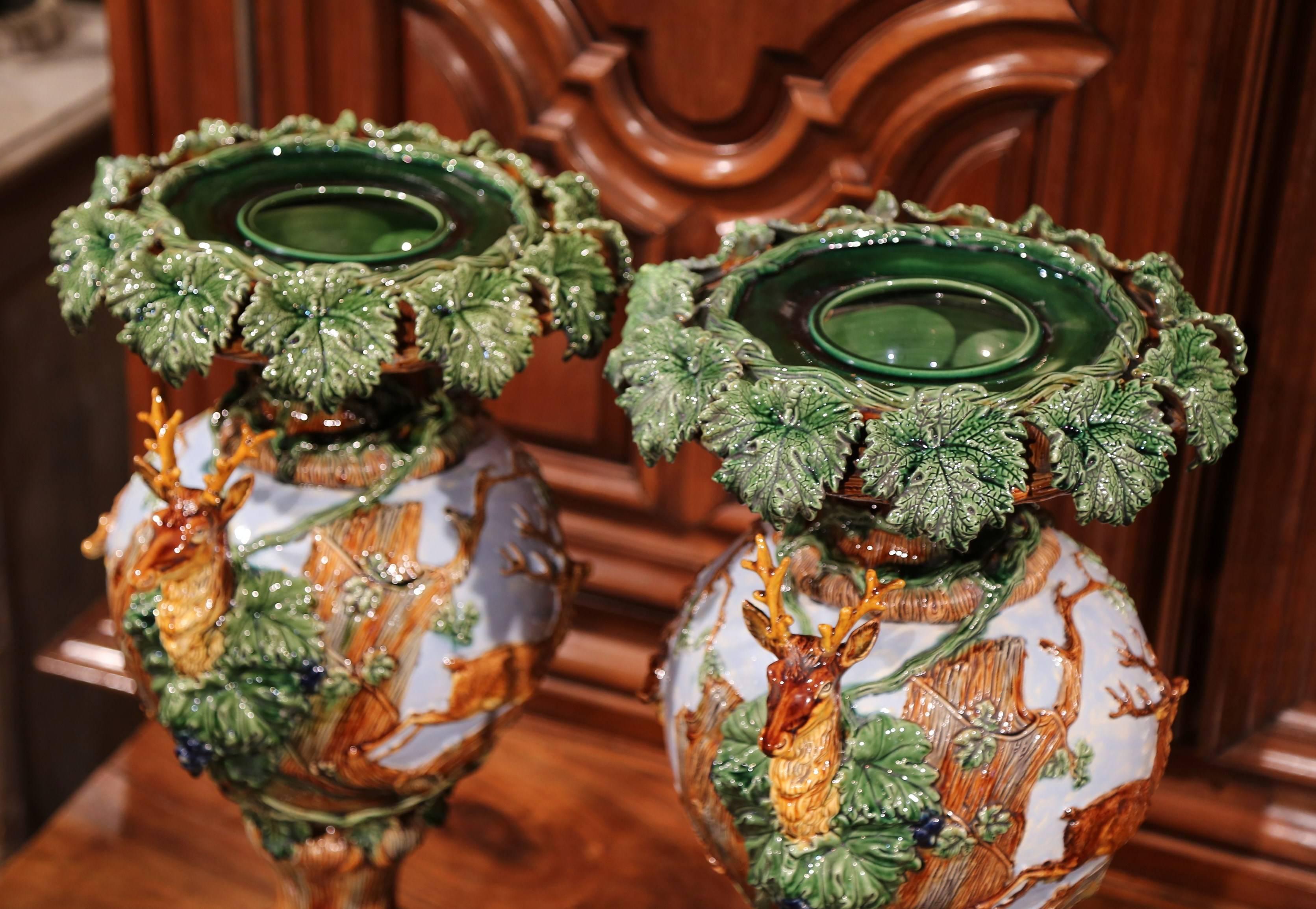 Pair of 19th Century French Painted Barbotine Vases with Deer, Grapes and Vines 5