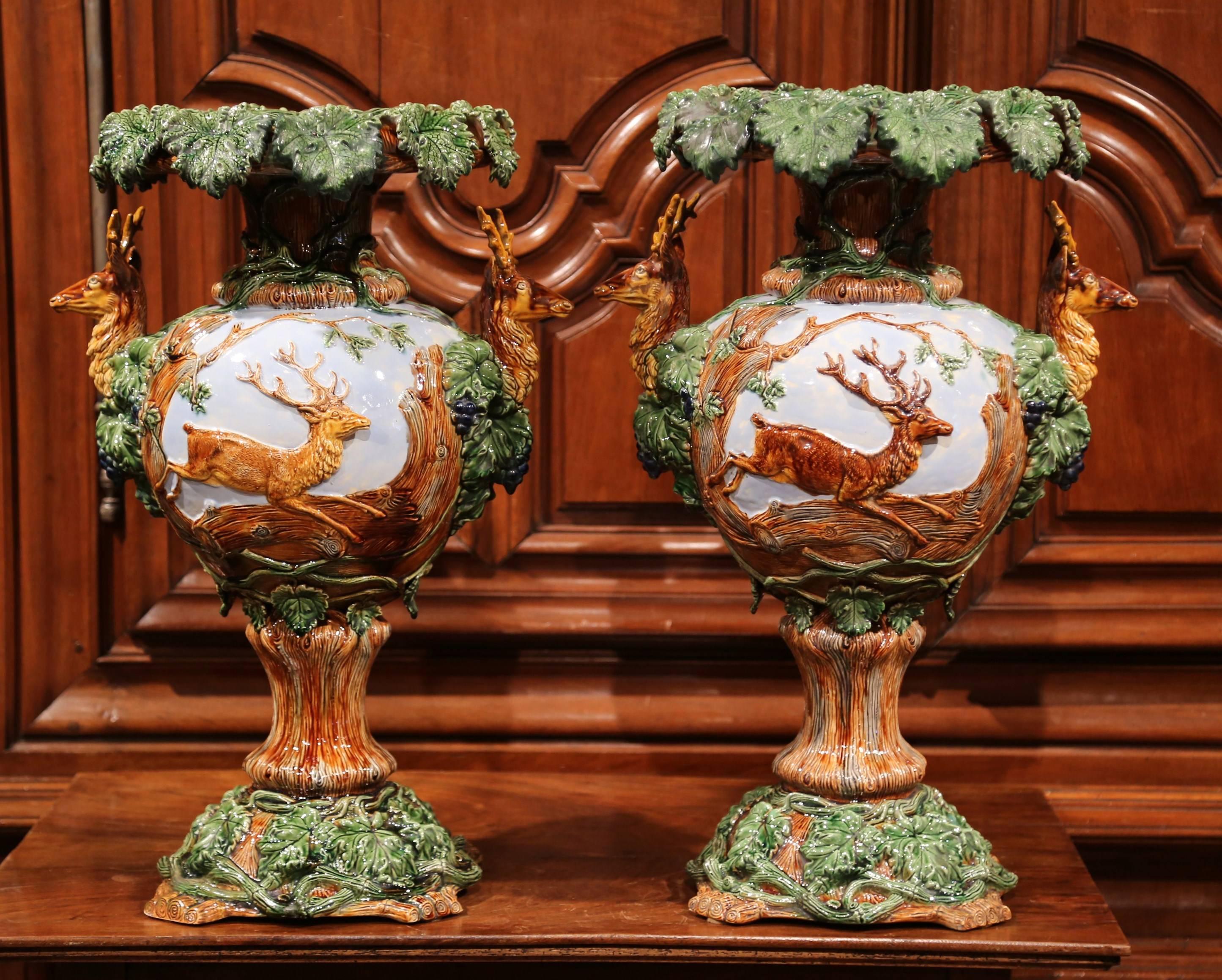 Pair of 19th Century French Painted Barbotine Vases with Deer, Grapes and Vines 3