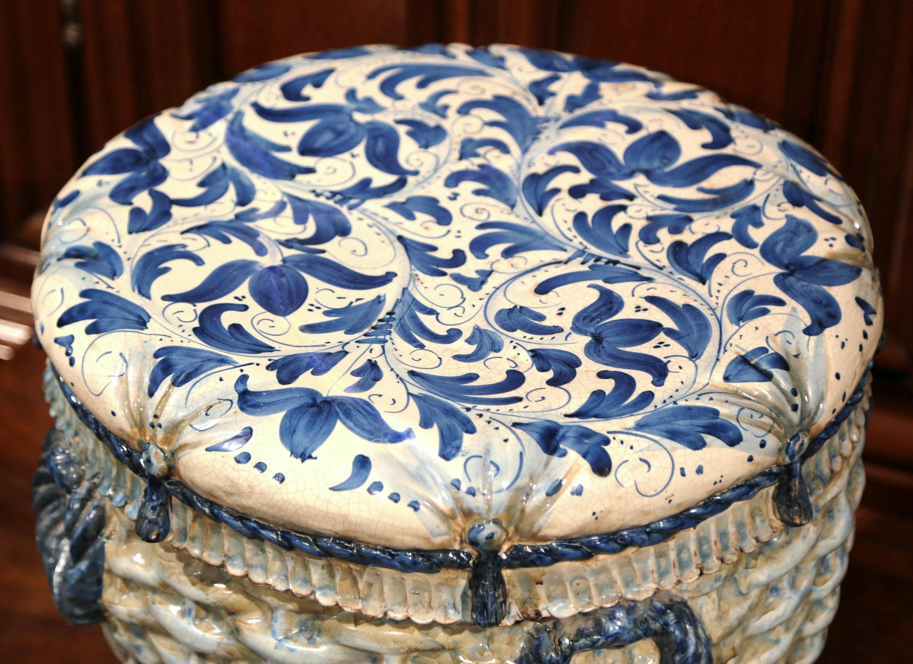 19th Century French Hand-Painted Faience Round Garden Seat with Weave Design 3