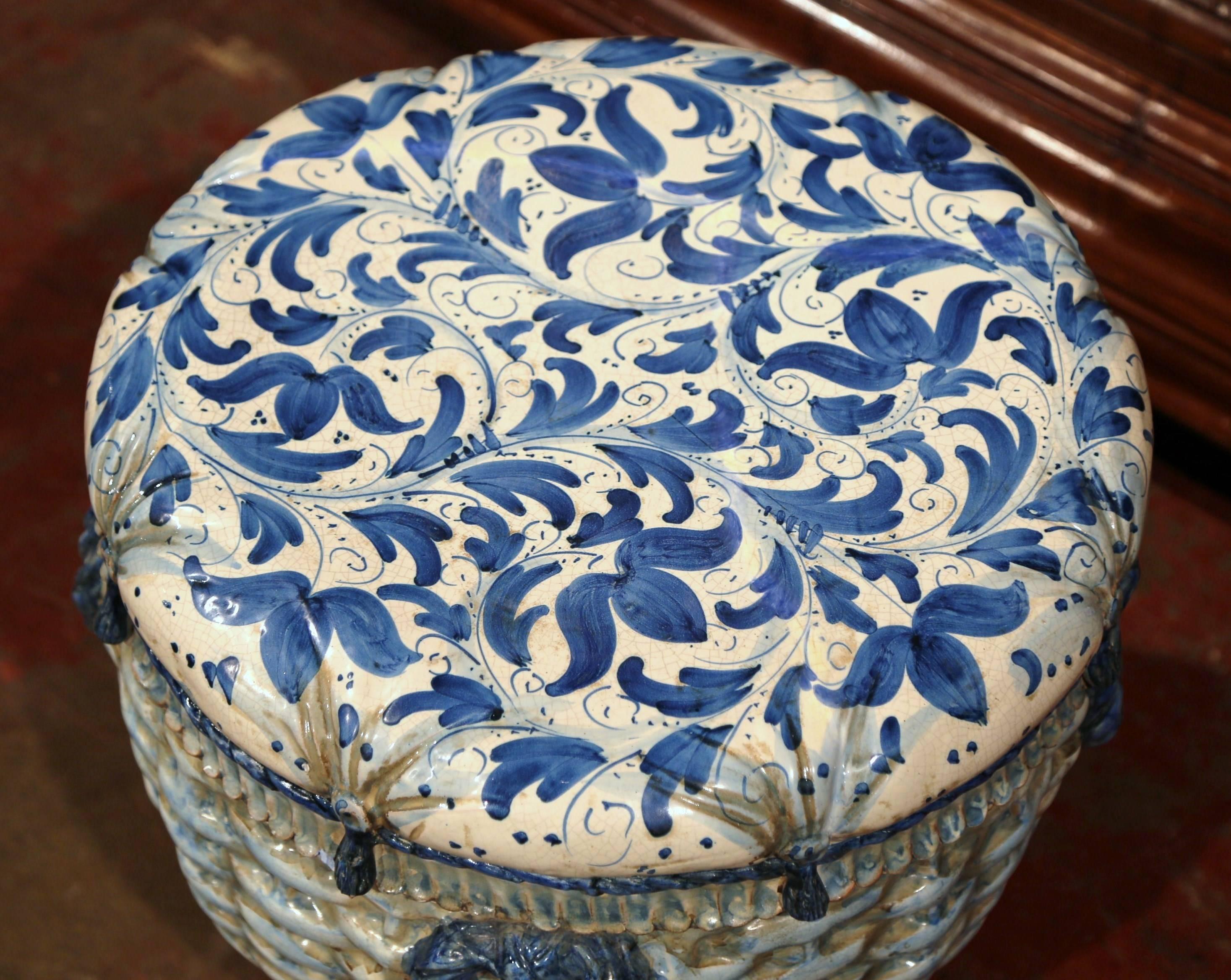 Louis XVI 19th Century French Hand-Painted Faience Round Garden Seat with Weave Design