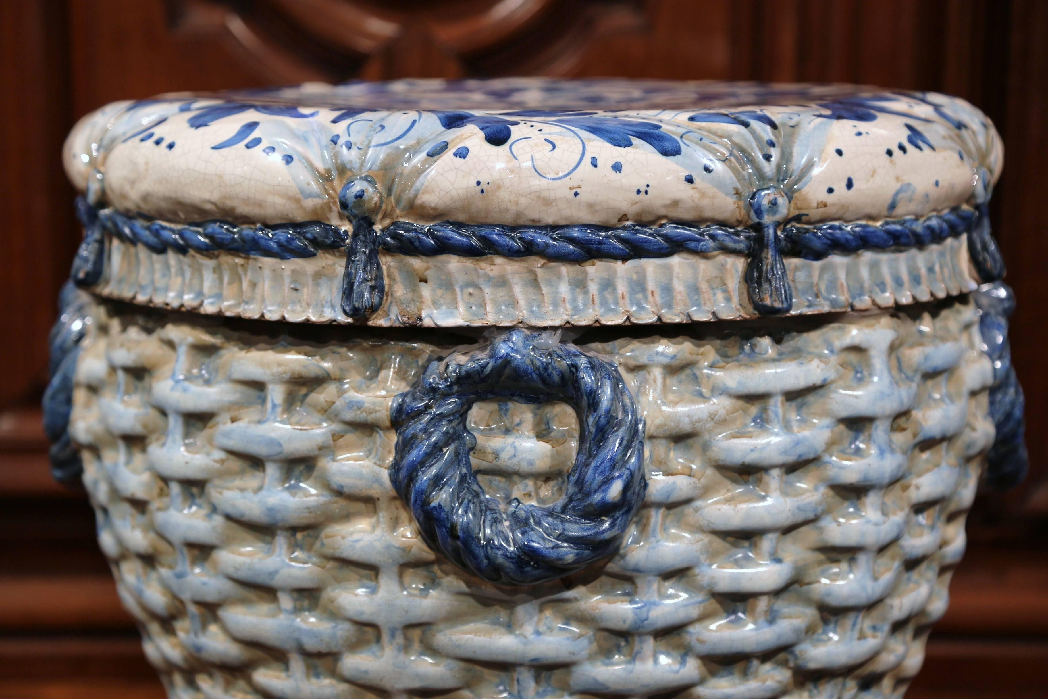 19th Century French Hand-Painted Faience Round Garden Seat with Weave Design 2