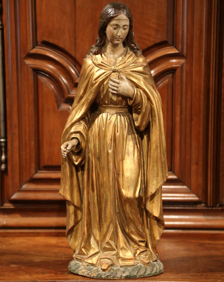 18th Century French Carved Giltwood and Polychrome Virgin Mary Statue ...