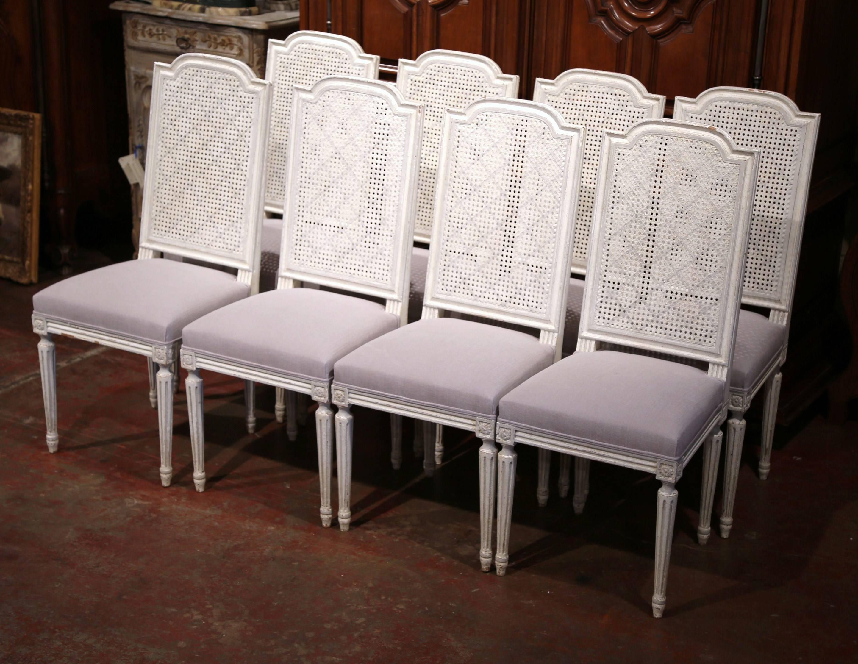 19th Century French Set of Eight Louis XVI Painted Dining Chairs with Cane Back 2