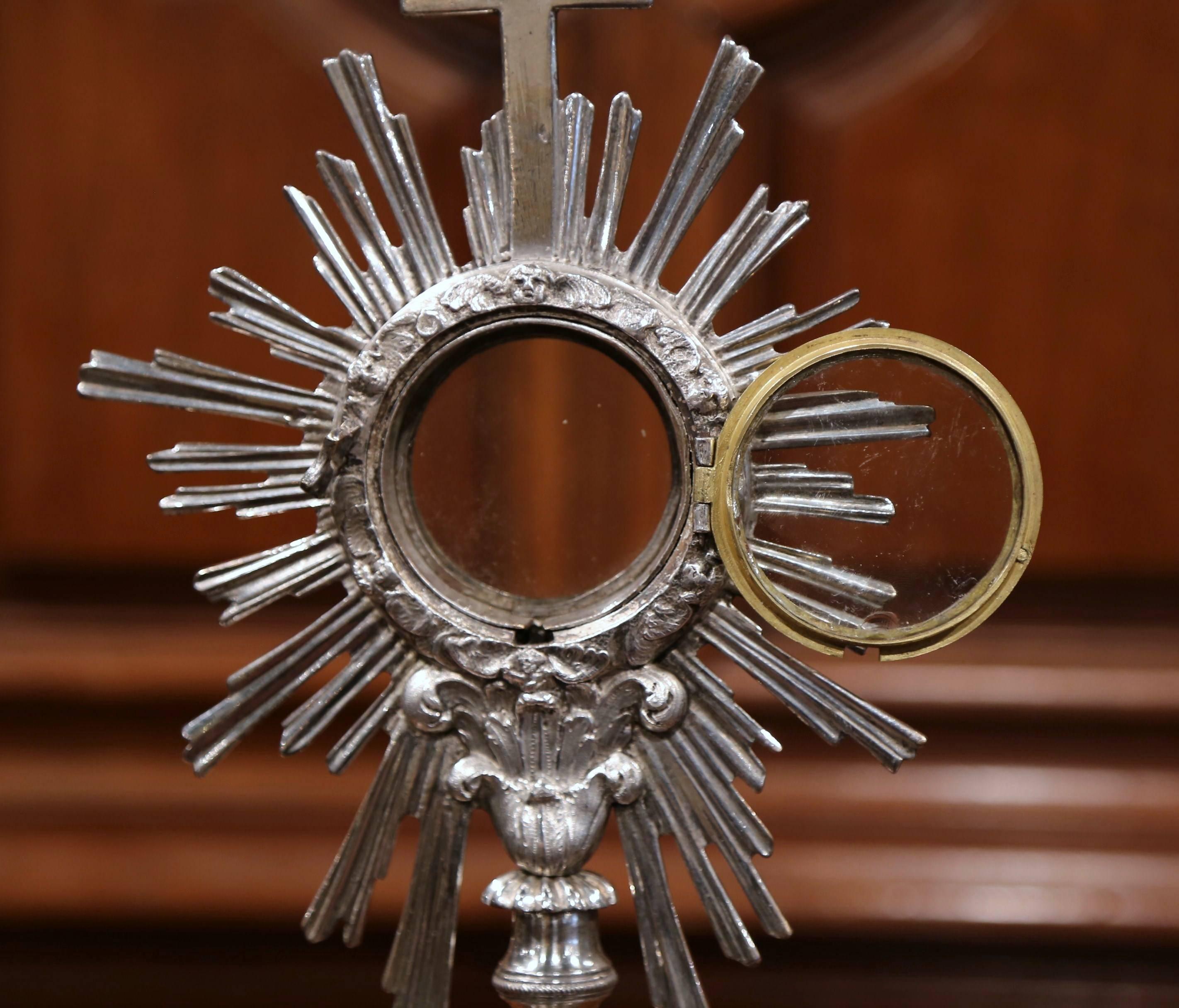 19th Century French Bronze Silvered Catholic Monstrance with Cross & Shining Sun 3