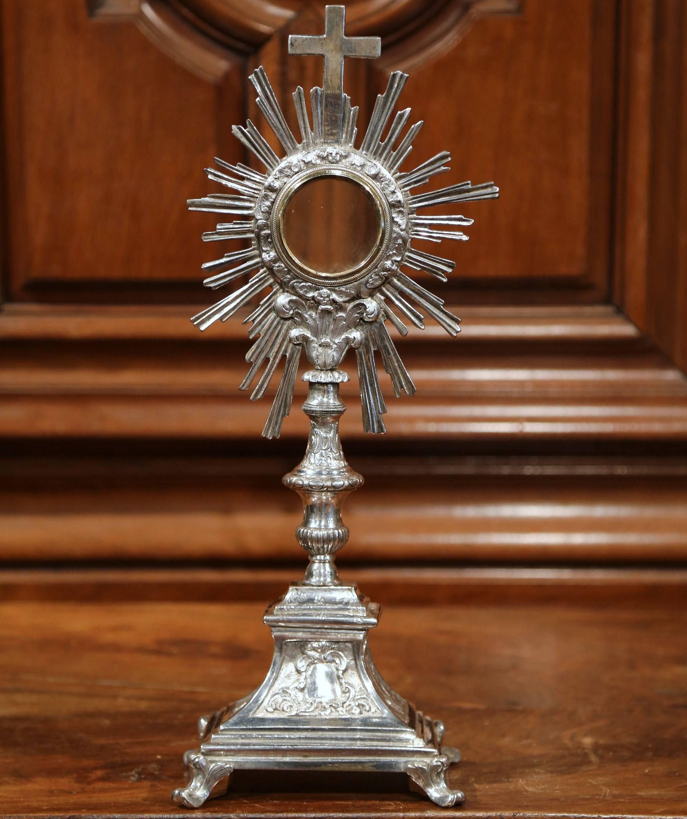 Hand-Crafted 19th Century French Bronze Silvered Catholic Monstrance with Cross & Shining Sun