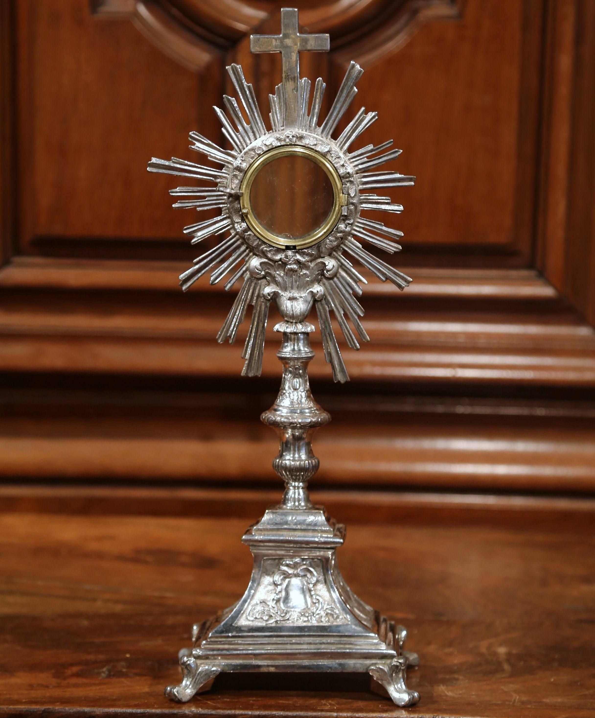 19th Century French Bronze Silvered Catholic Monstrance with Cross & Shining Sun 1