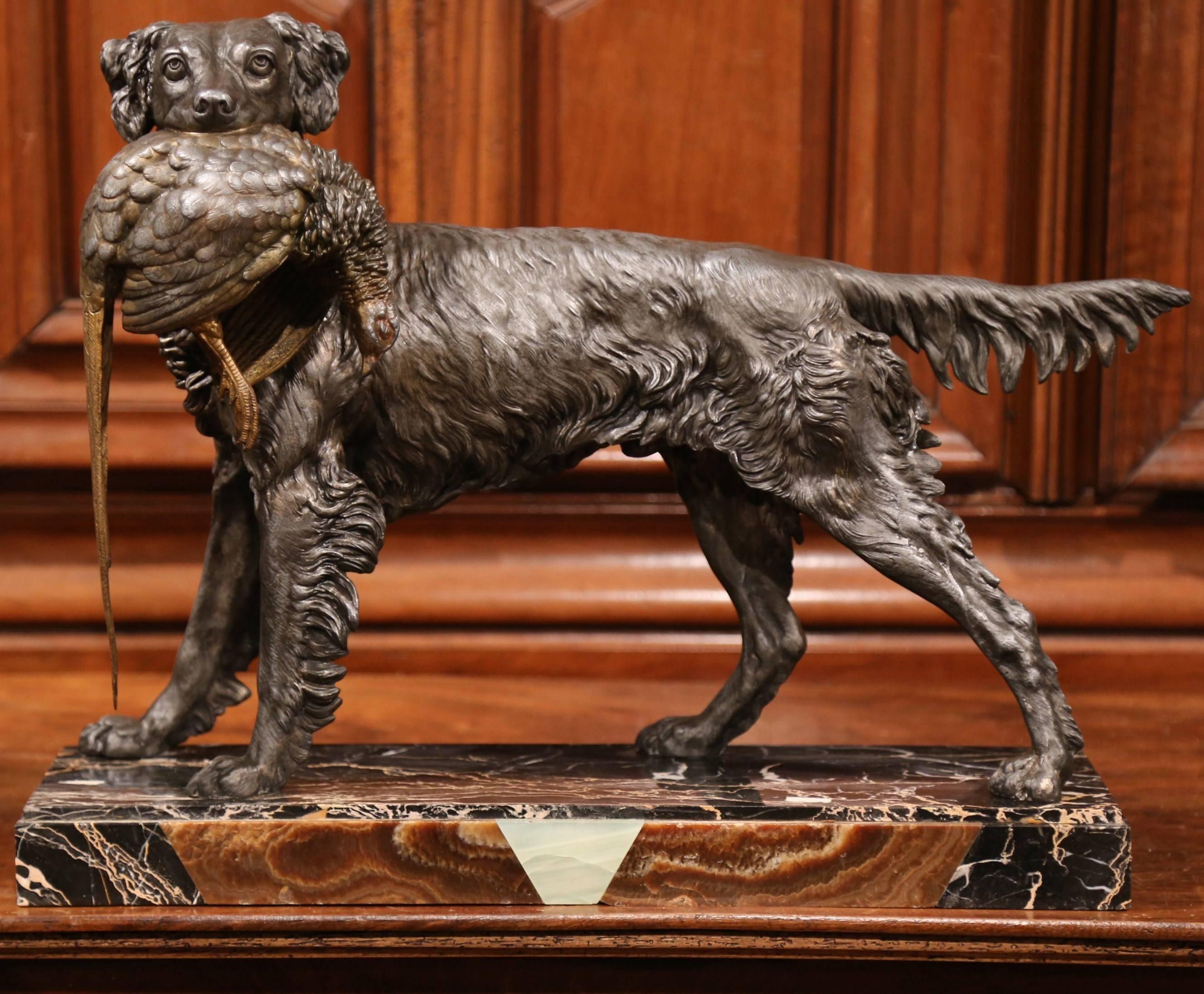 Large 19th Century French Spelter Hunting Dog Sculpture on Colorful Marble Base 1
