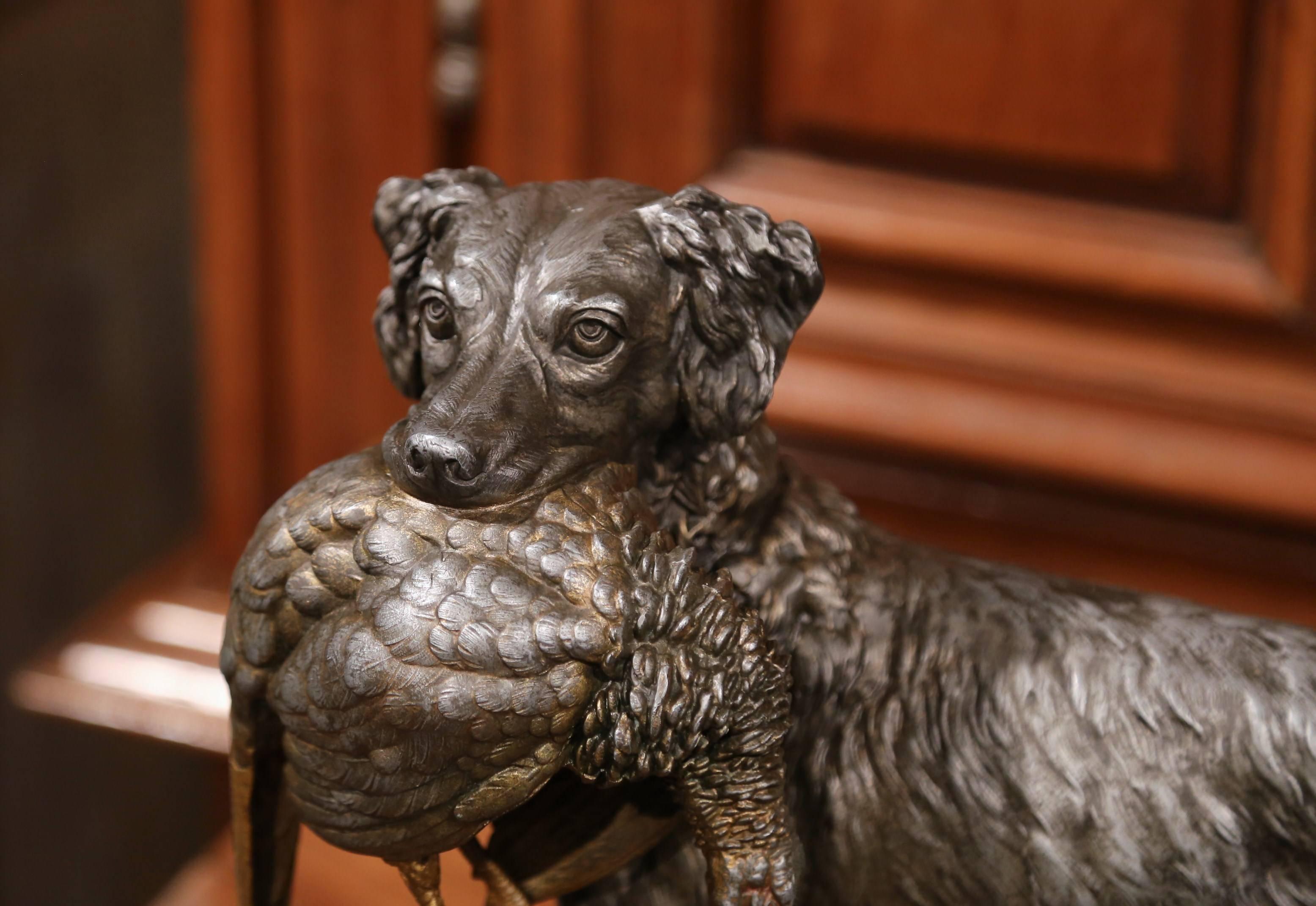 Large 19th Century French Spelter Hunting Dog Sculpture on Colorful Marble Base 2