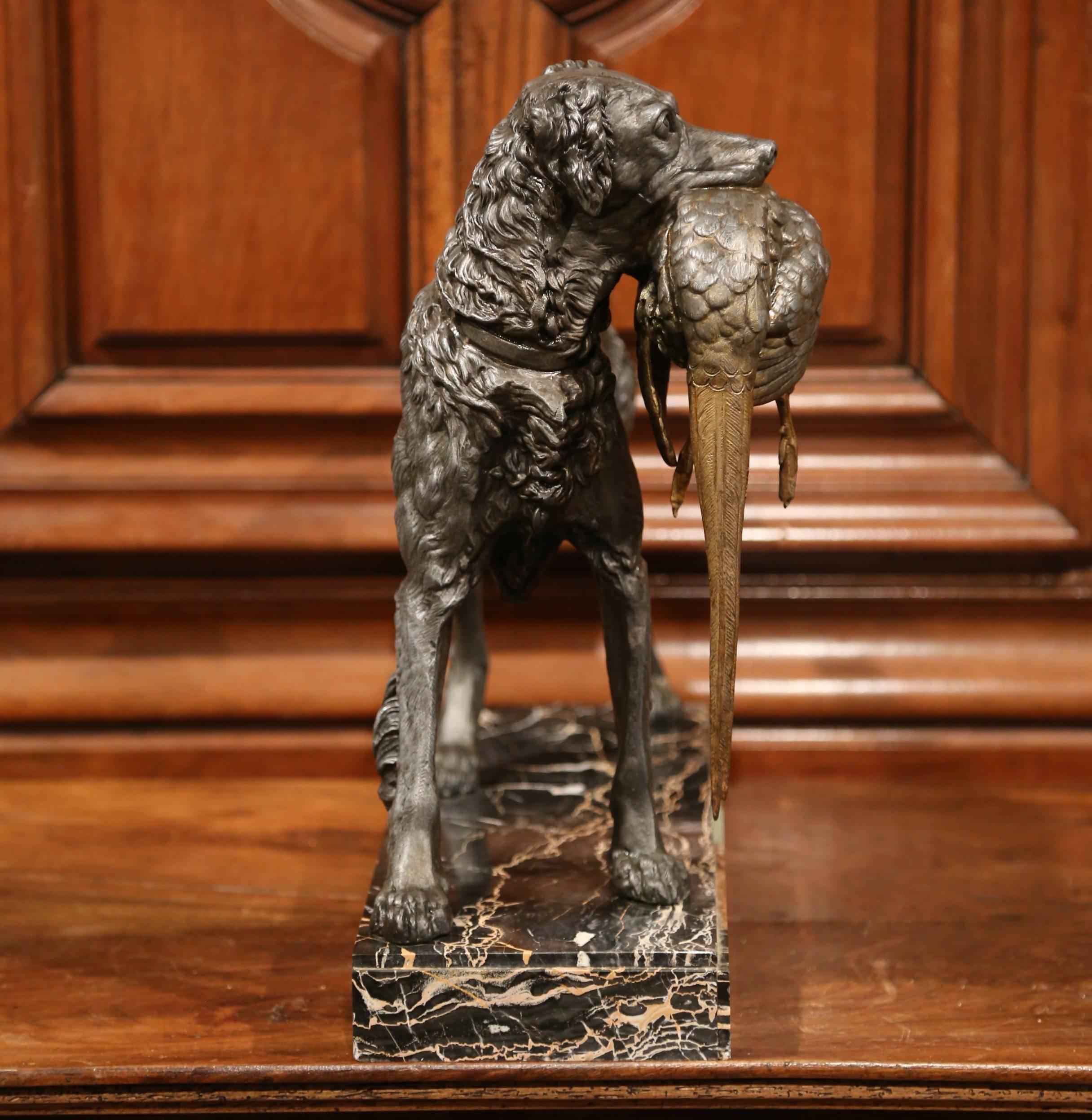 Large 19th Century French Spelter Hunting Dog Sculpture on Colorful Marble Base In Excellent Condition In Dallas, TX