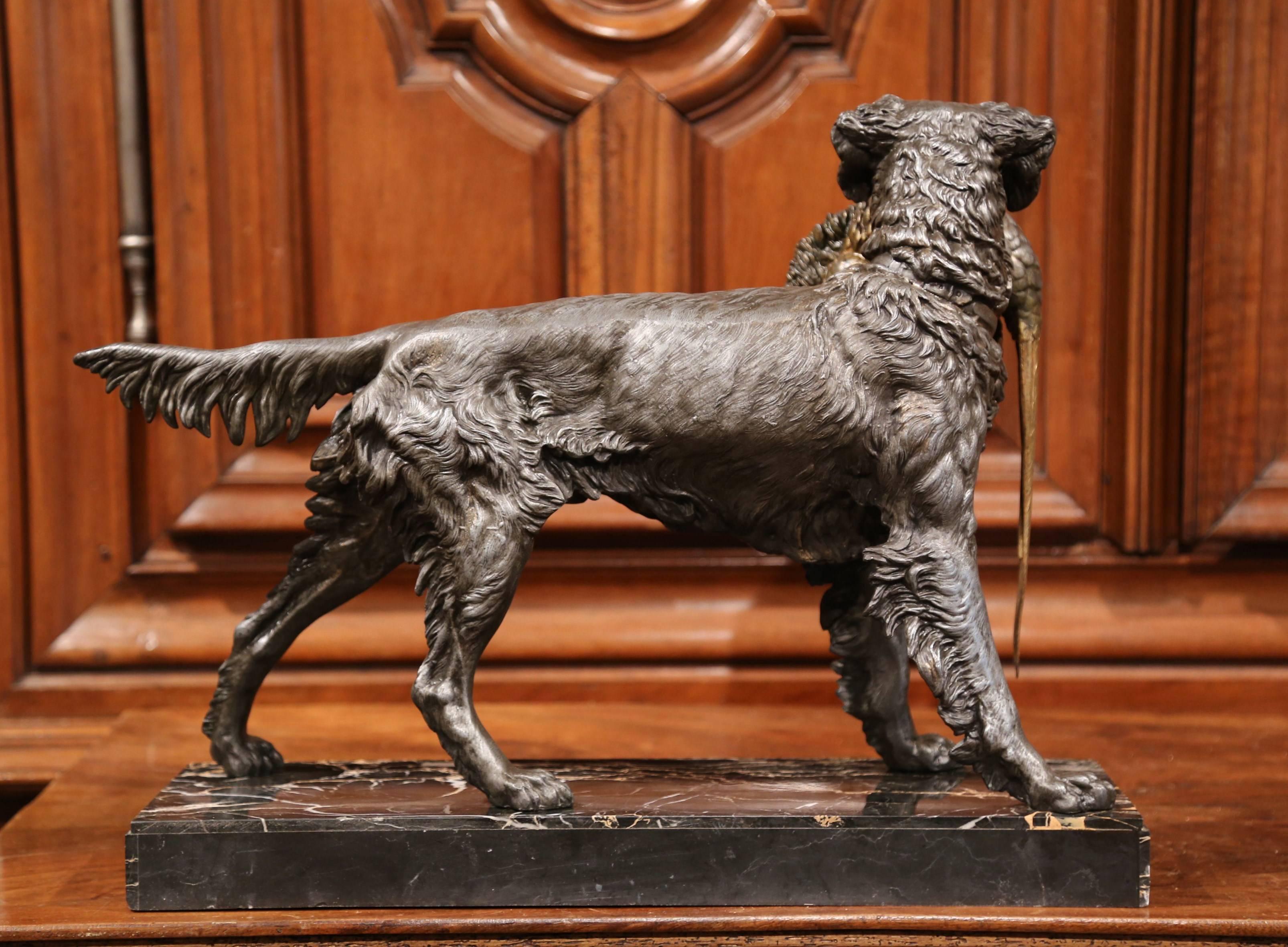 Large 19th Century French Spelter Hunting Dog Sculpture on Colorful Marble Base 3
