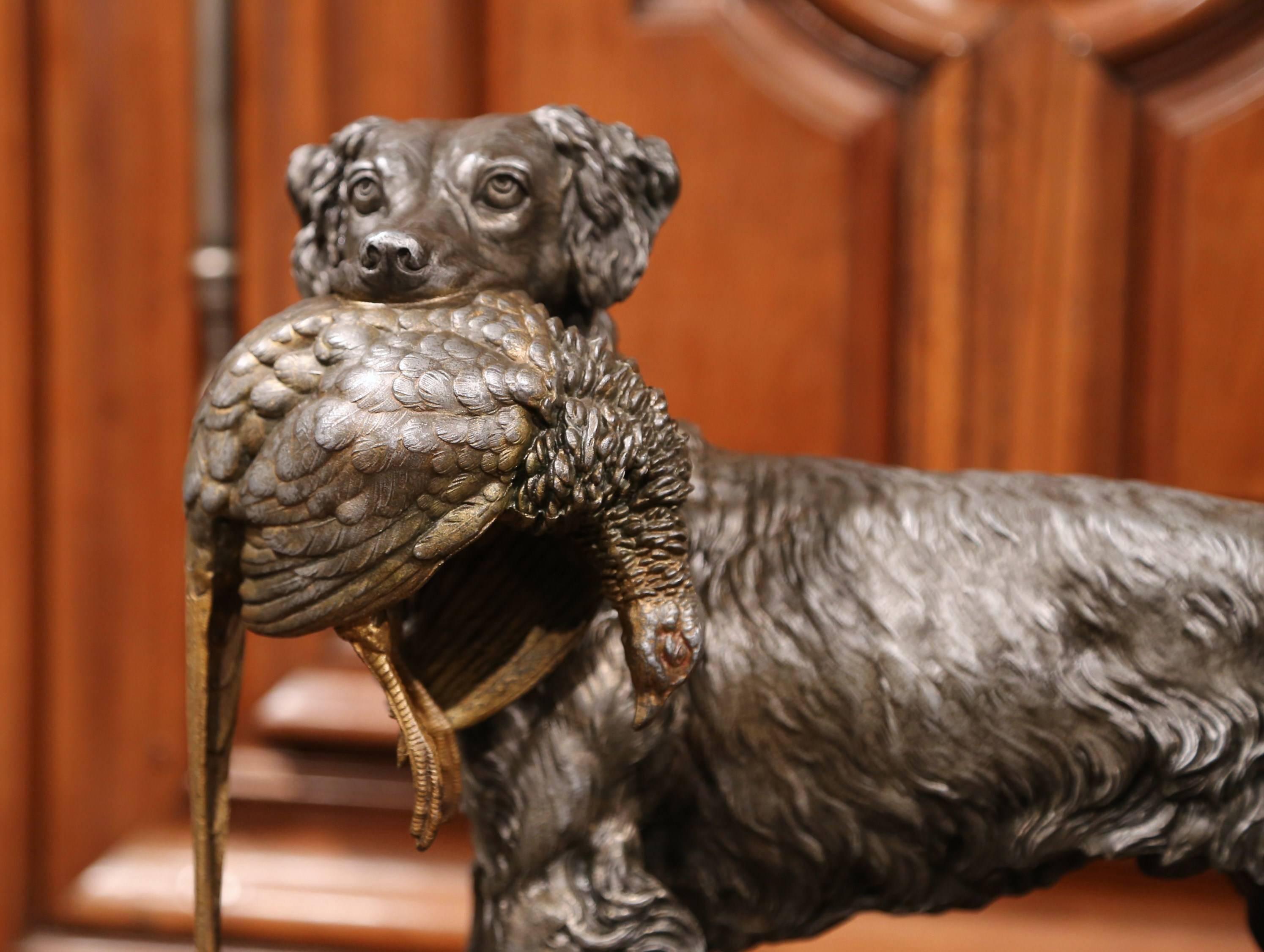Hand-Crafted Large 19th Century French Spelter Hunting Dog Sculpture on Colorful Marble Base