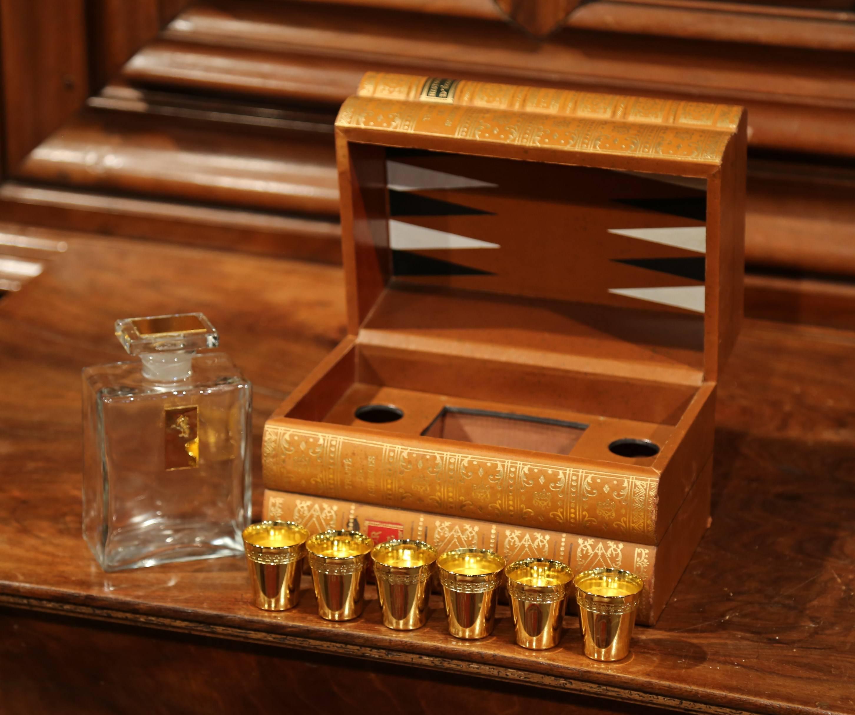 Mid-20th Century French Leather Book Liquor Box with Shot Glasses and Carafe 1