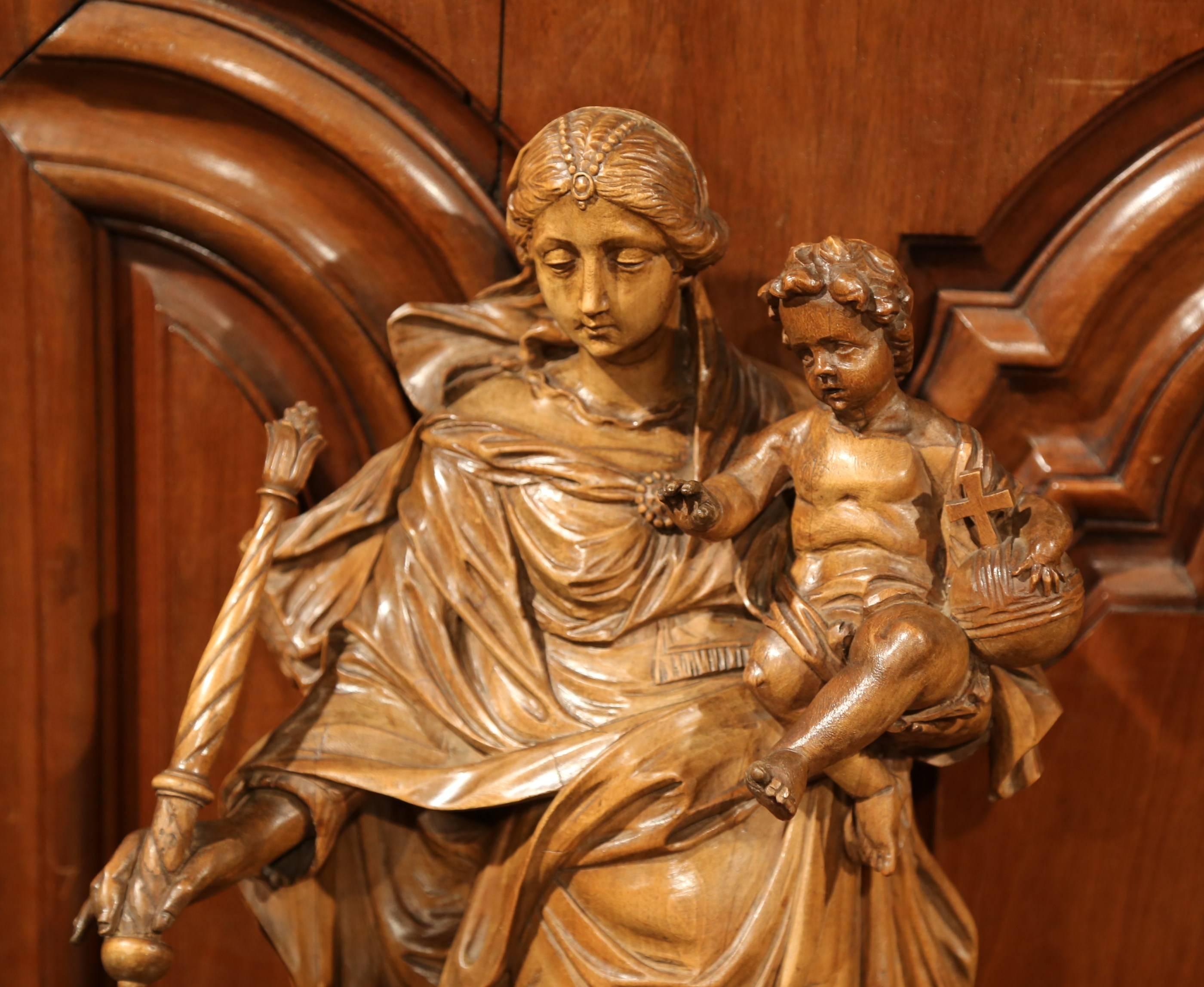 19th Century French Carved Walnut Virgin Mary Statue with Bracket, Sun and Dove 3