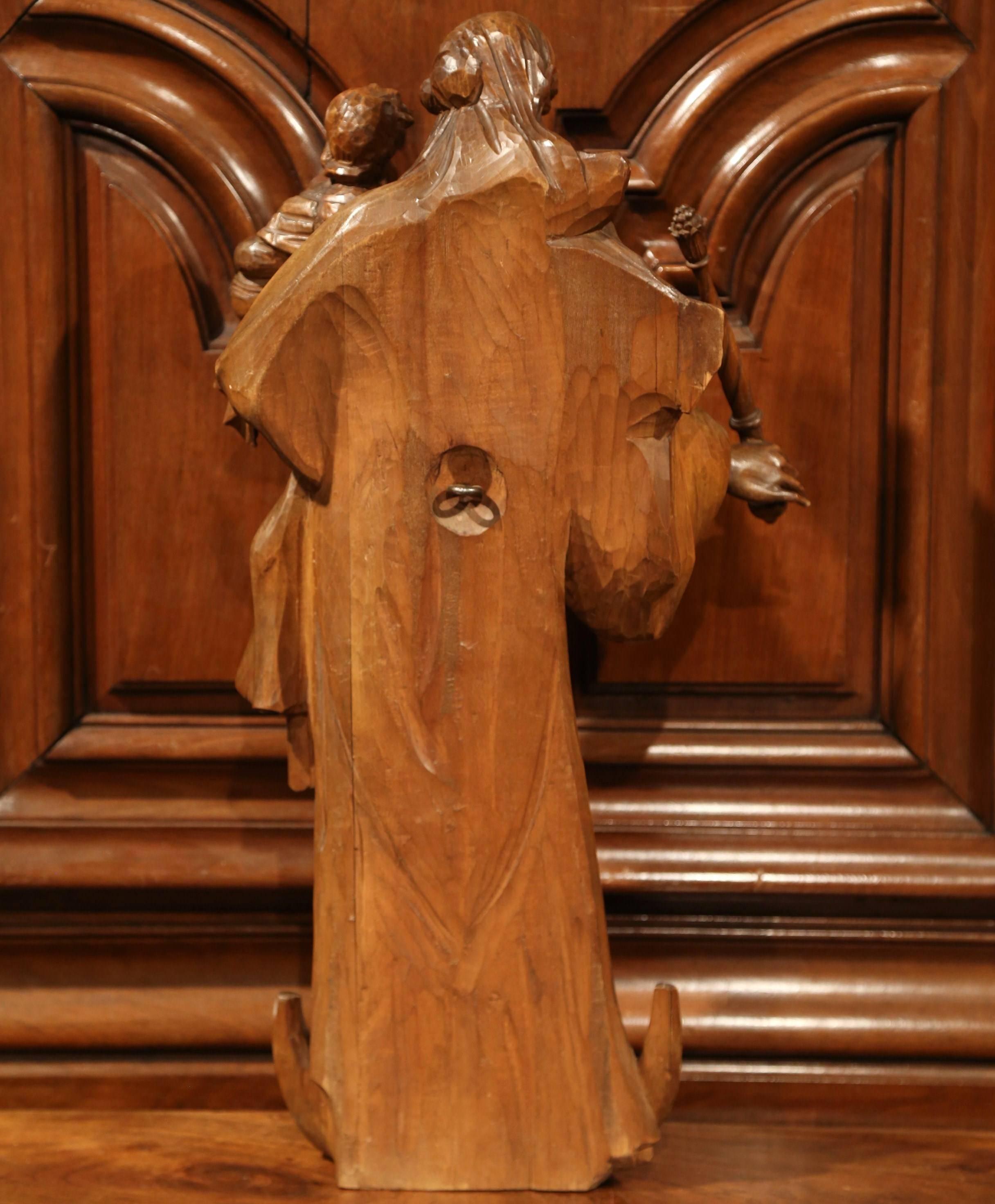 19th Century French Carved Walnut Virgin Mary Statue with Bracket, Sun and Dove 5