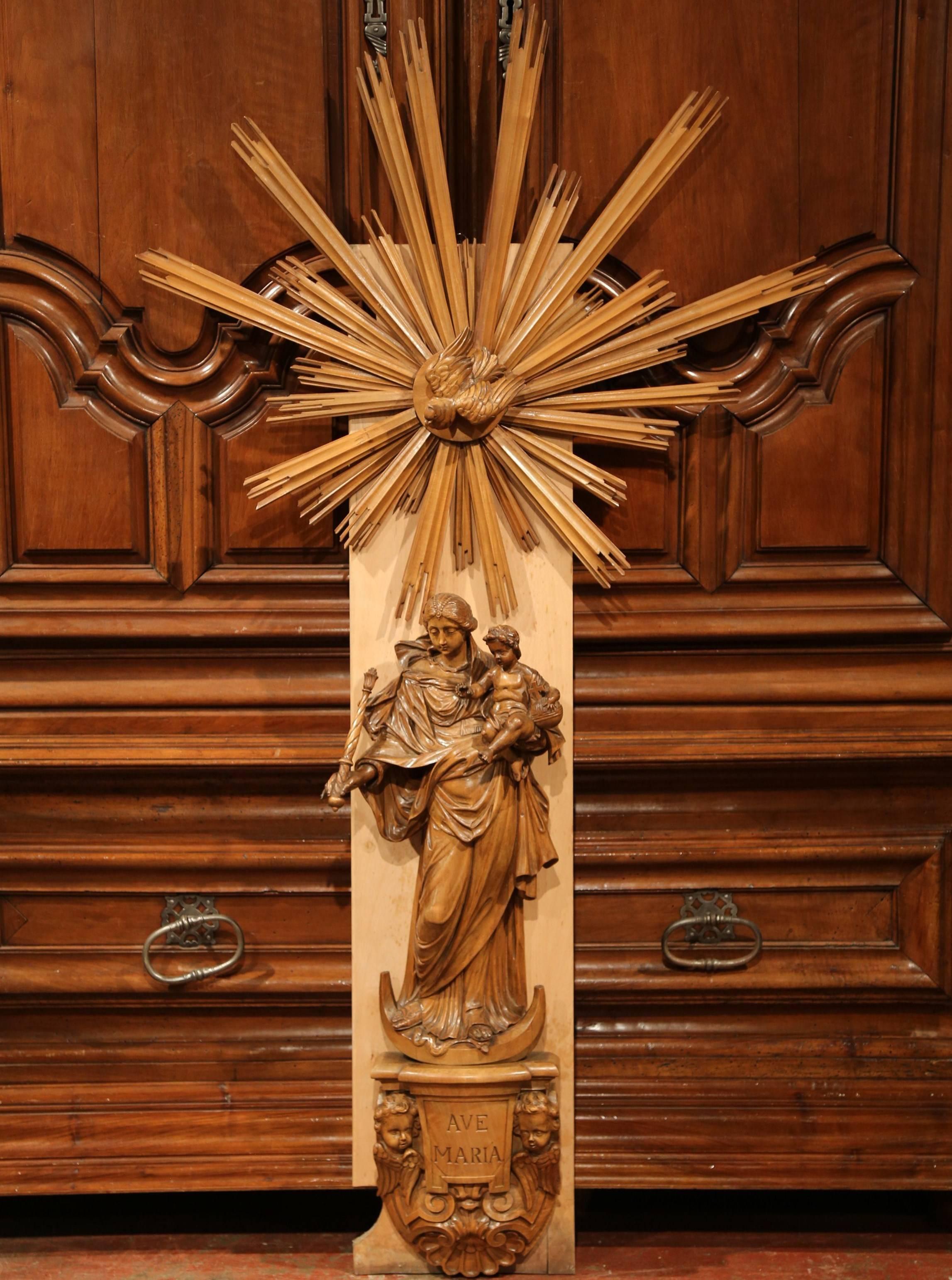 19th Century French Carved Walnut Virgin Mary Statue with Bracket, Sun and Dove 2