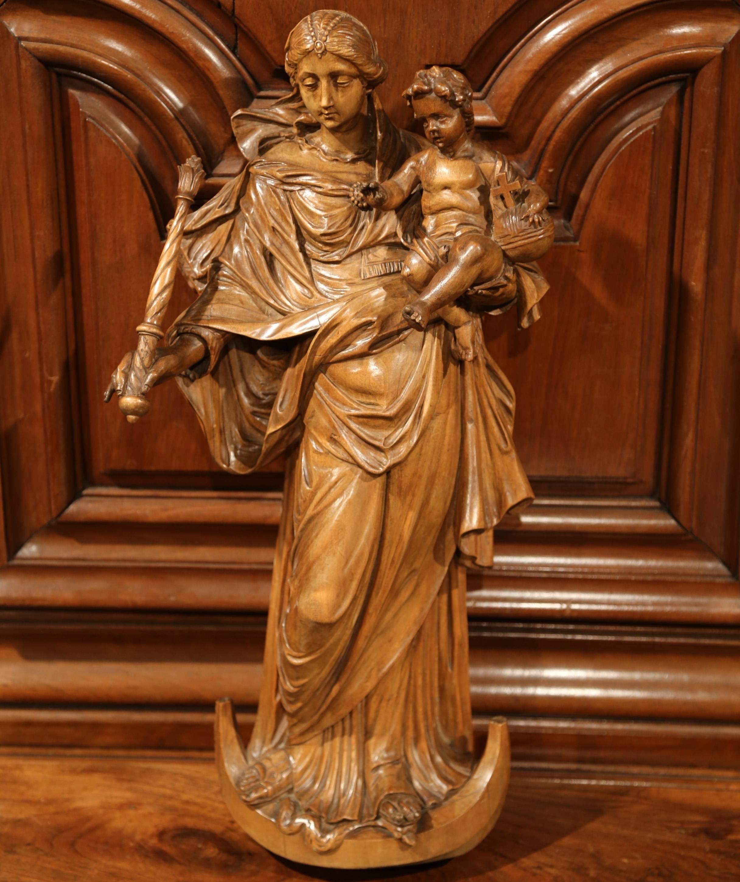 Patinated 19th Century French Carved Walnut Virgin Mary Statue with Bracket, Sun and Dove