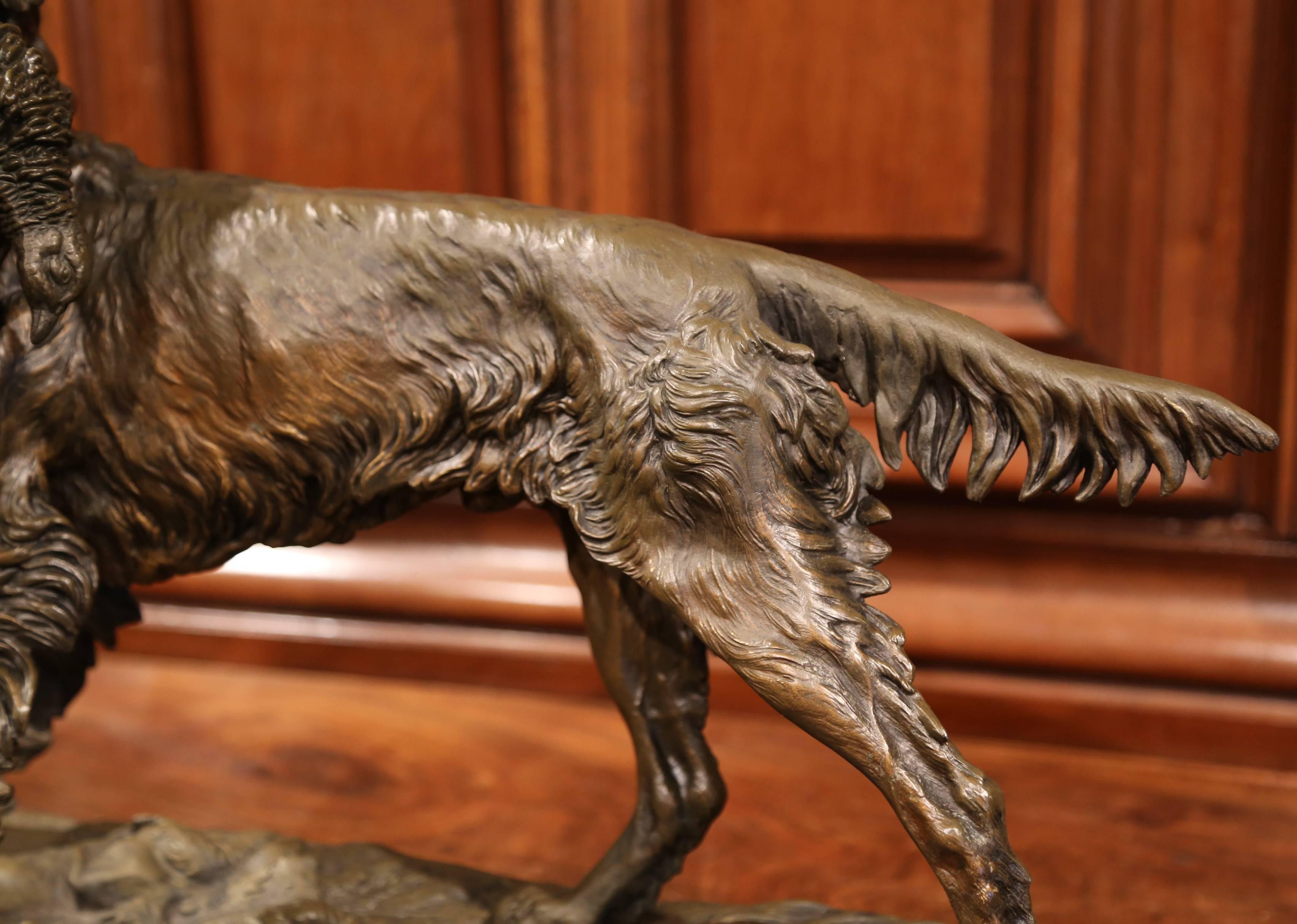 Hand-Crafted 19th Century French Patinated Spelter Hunting Dog with Bird Signed J. Moigniez
