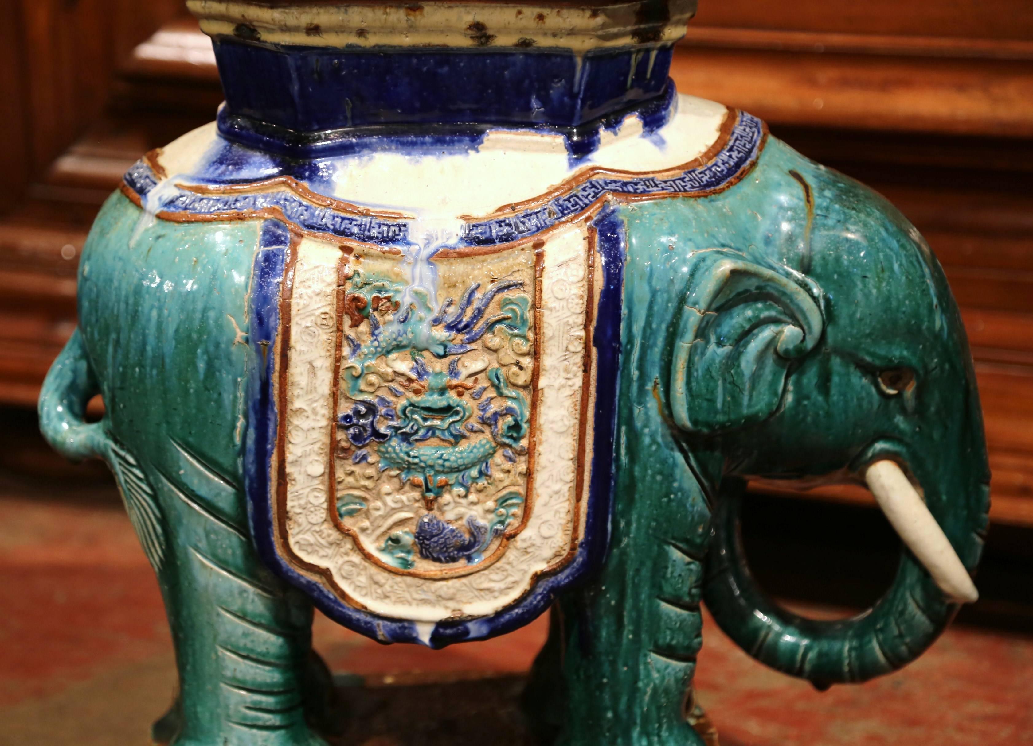 Hand-Crafted Early 20th Century French Ceramic Hand Painted Elephant-Form Garden Seat