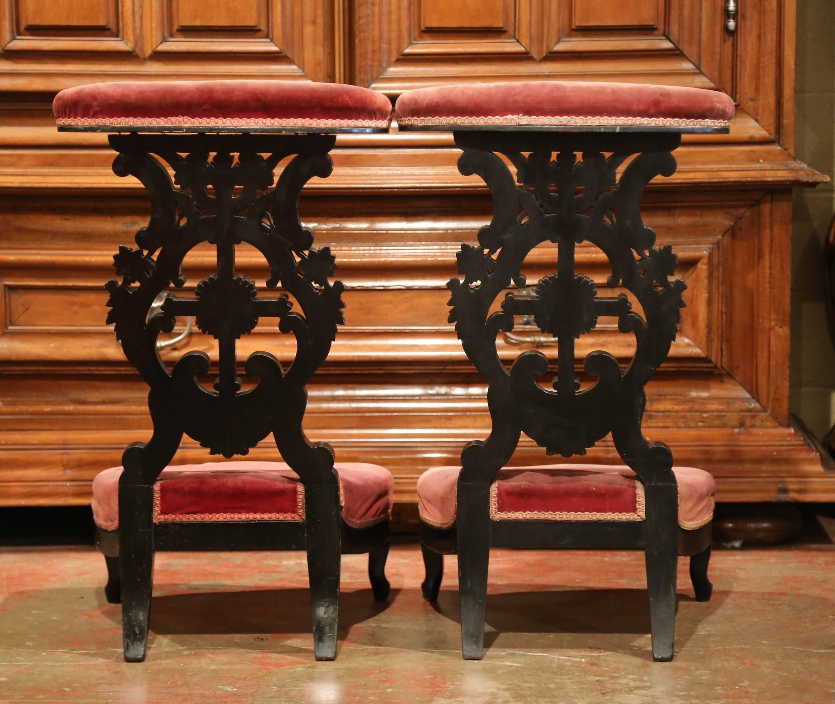 Pair of French Louis XV Hand Carved Walnut Prayer Chairs with Blackened Finish 1