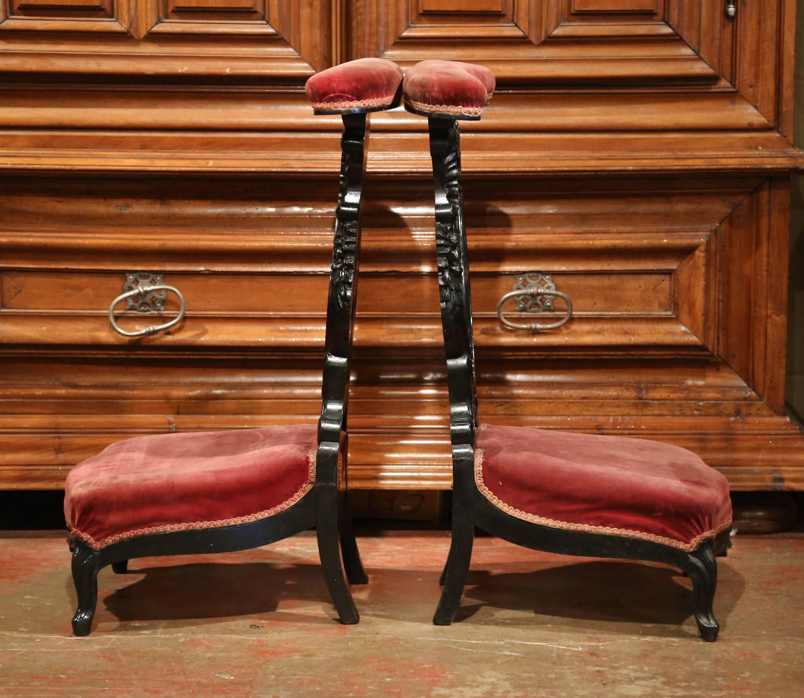 Velvet Pair of French Louis XV Hand Carved Walnut Prayer Chairs with Blackened Finish