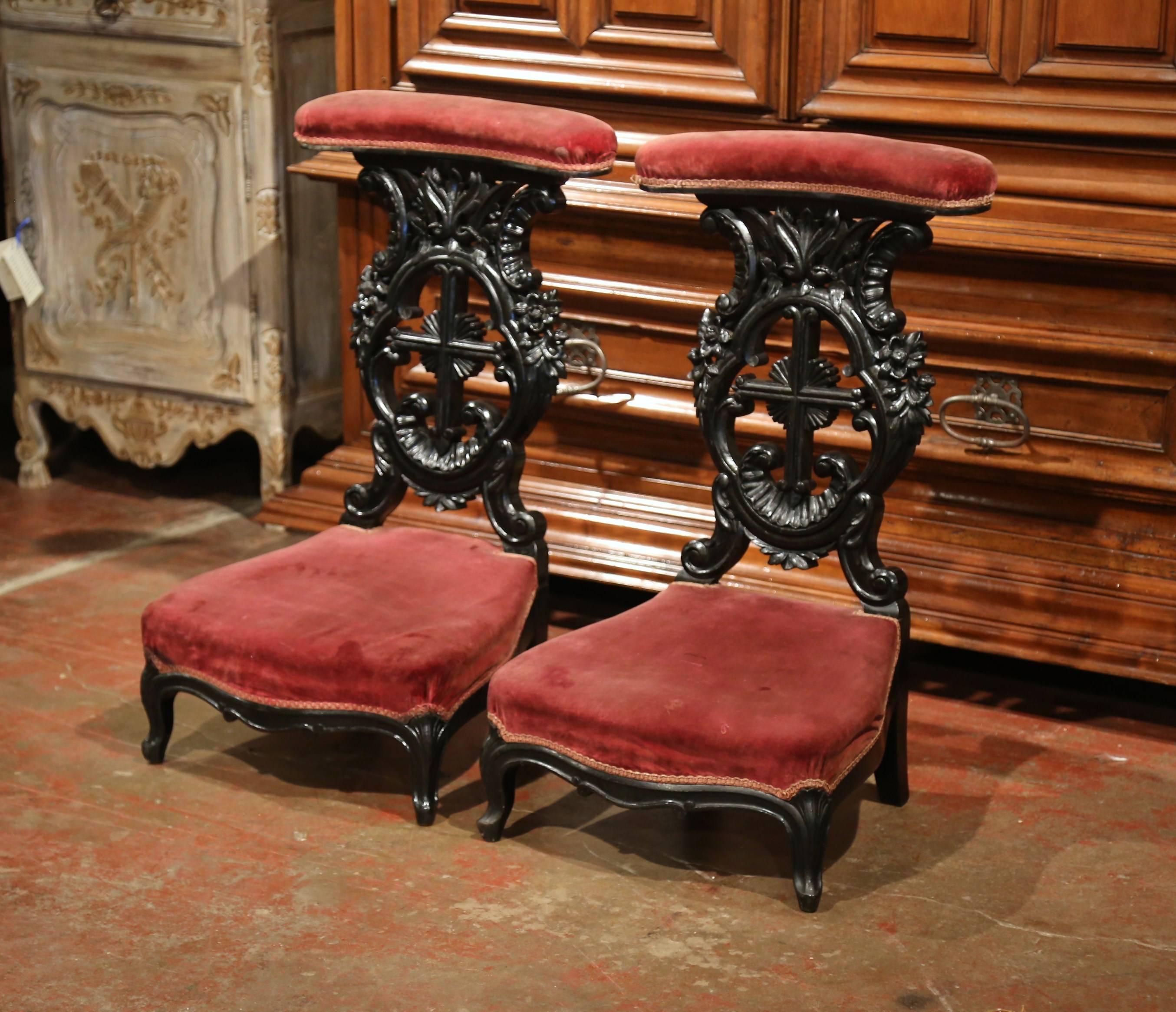 Patinated Pair of French Louis XV Hand Carved Walnut Prayer Chairs with Blackened Finish
