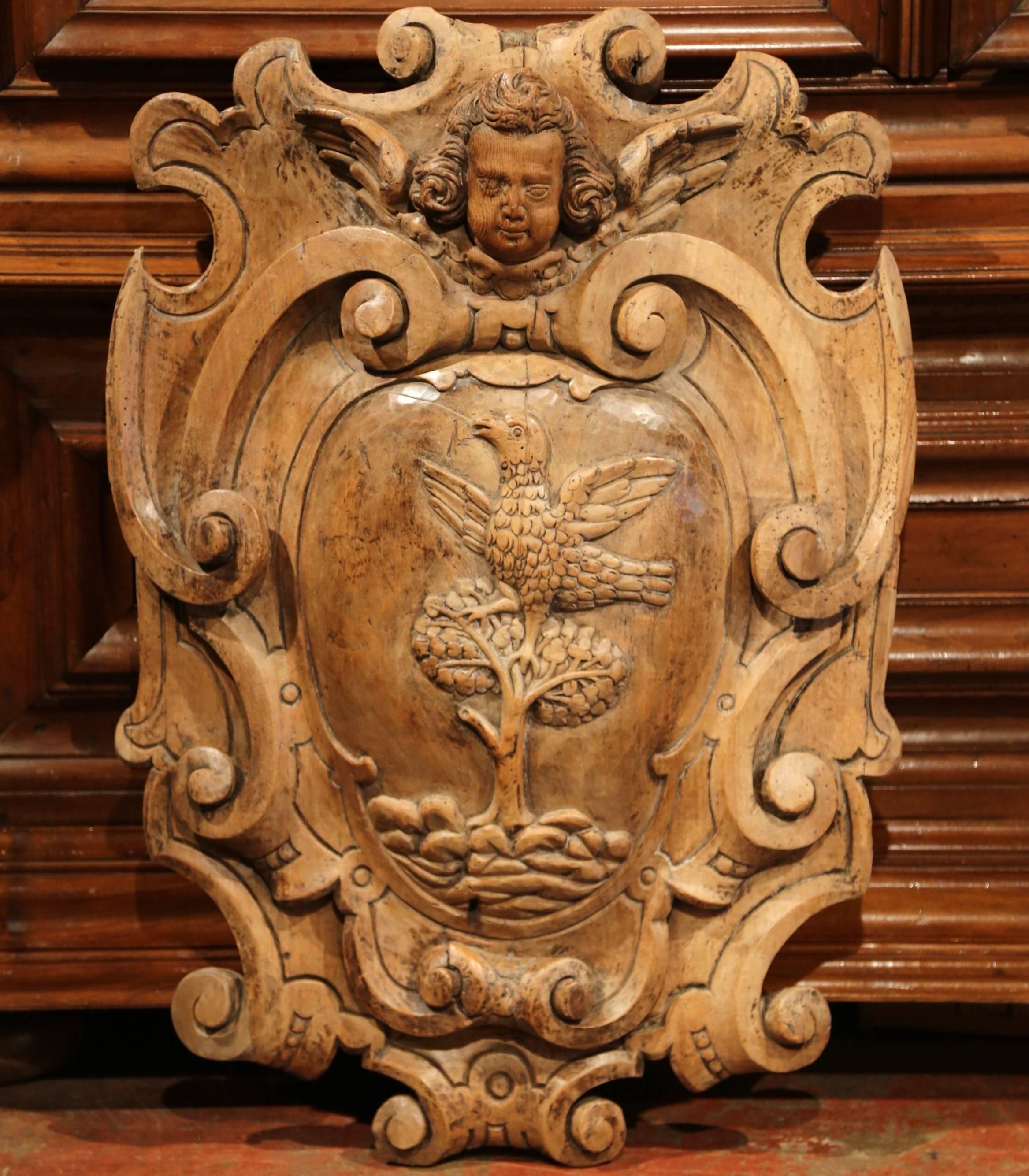 Louis XIV 18th Century French Hand Carved Walnut Wall Carving with Bird, Tree and Cherub