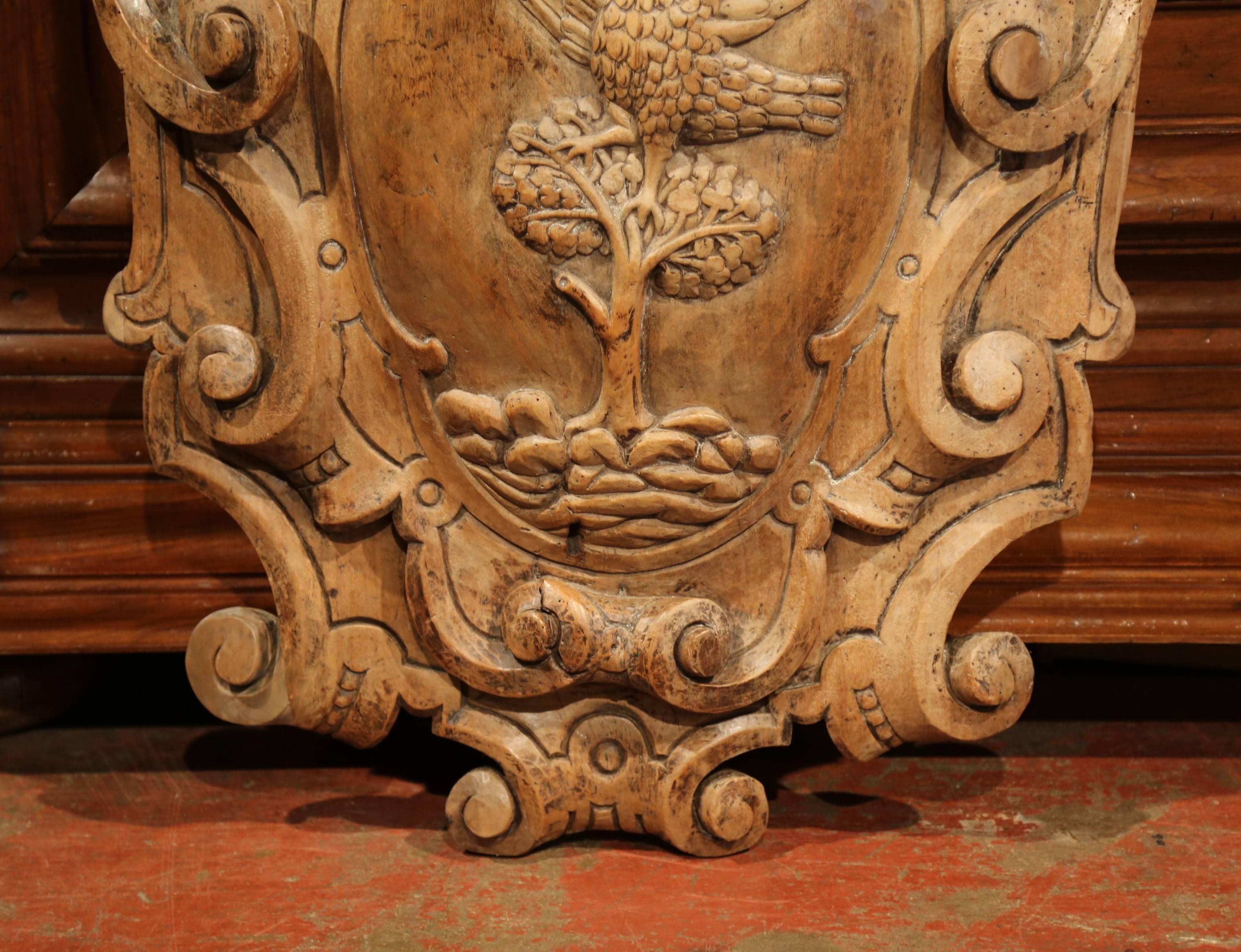 Hand-Carved 18th Century French Hand Carved Walnut Wall Carving with Bird, Tree and Cherub