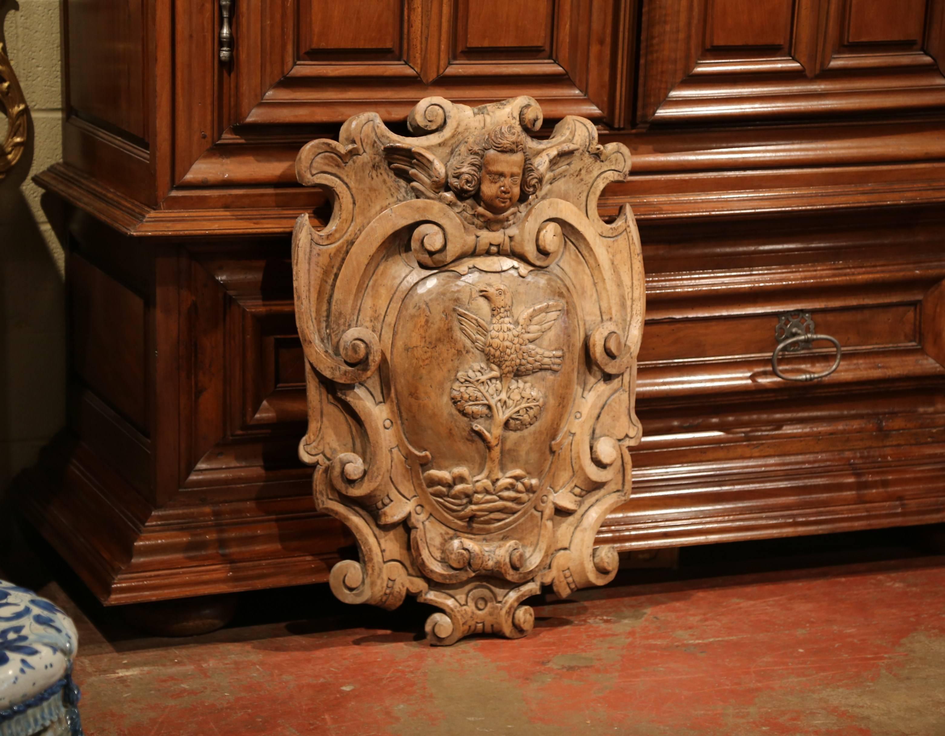 18th Century French Hand Carved Walnut Wall Carving with Bird, Tree and Cherub In Excellent Condition In Dallas, TX