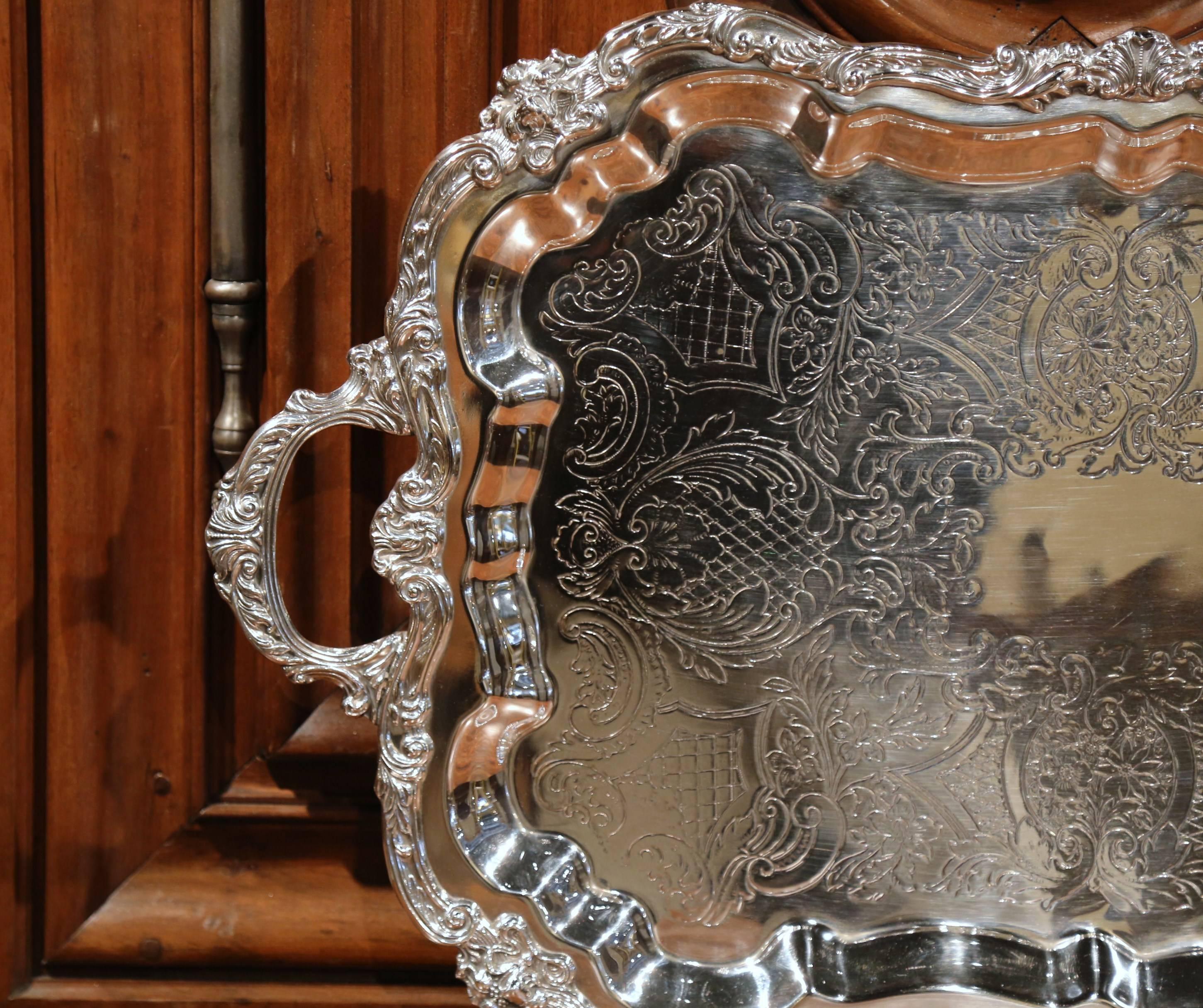 Louis XV Early 20th Century French Silver Plated Tray with Ornate Scrolls and Engravings