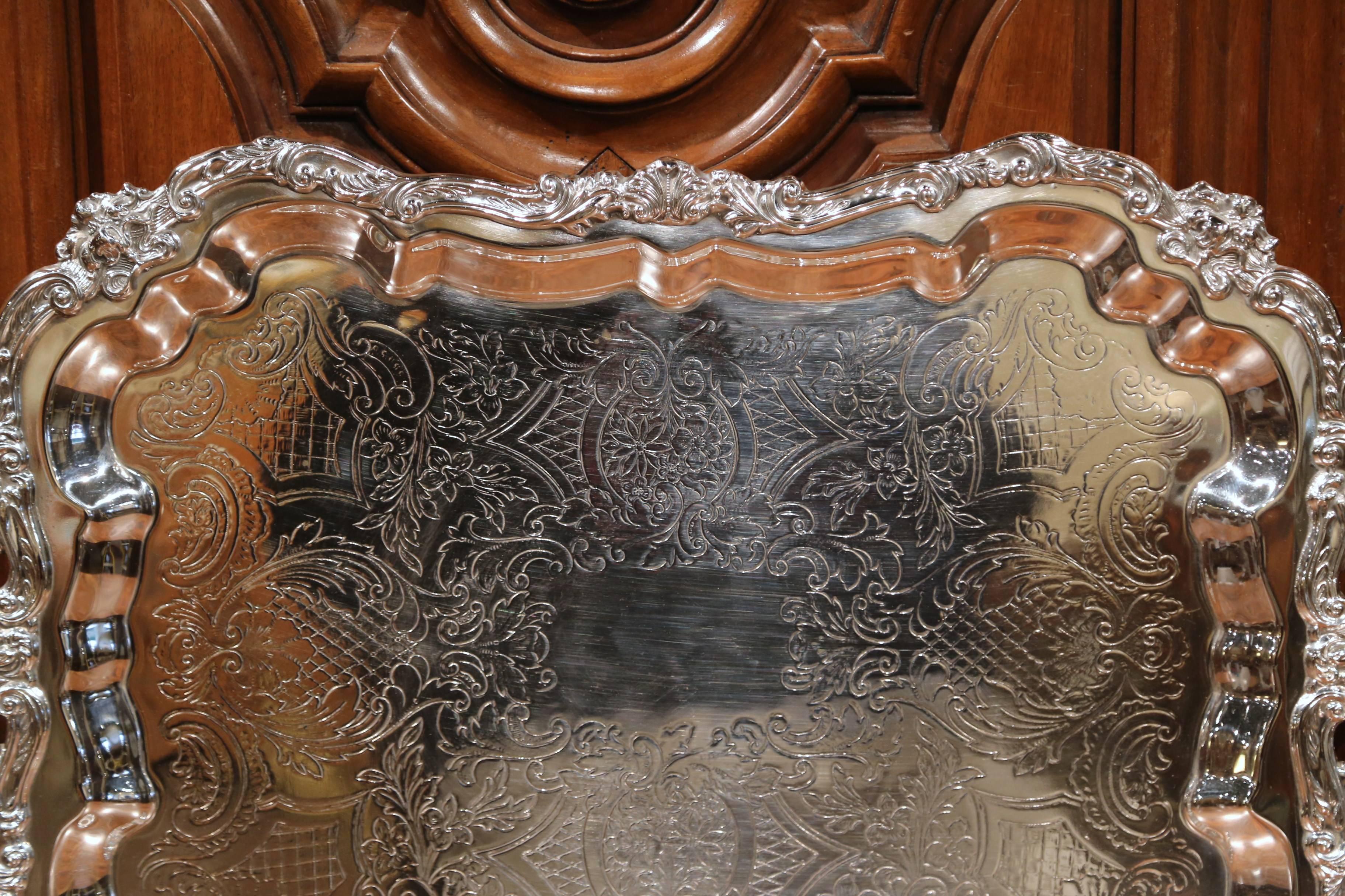 Hand-Crafted Early 20th Century French Silver Plated Tray with Ornate Scrolls and Engravings