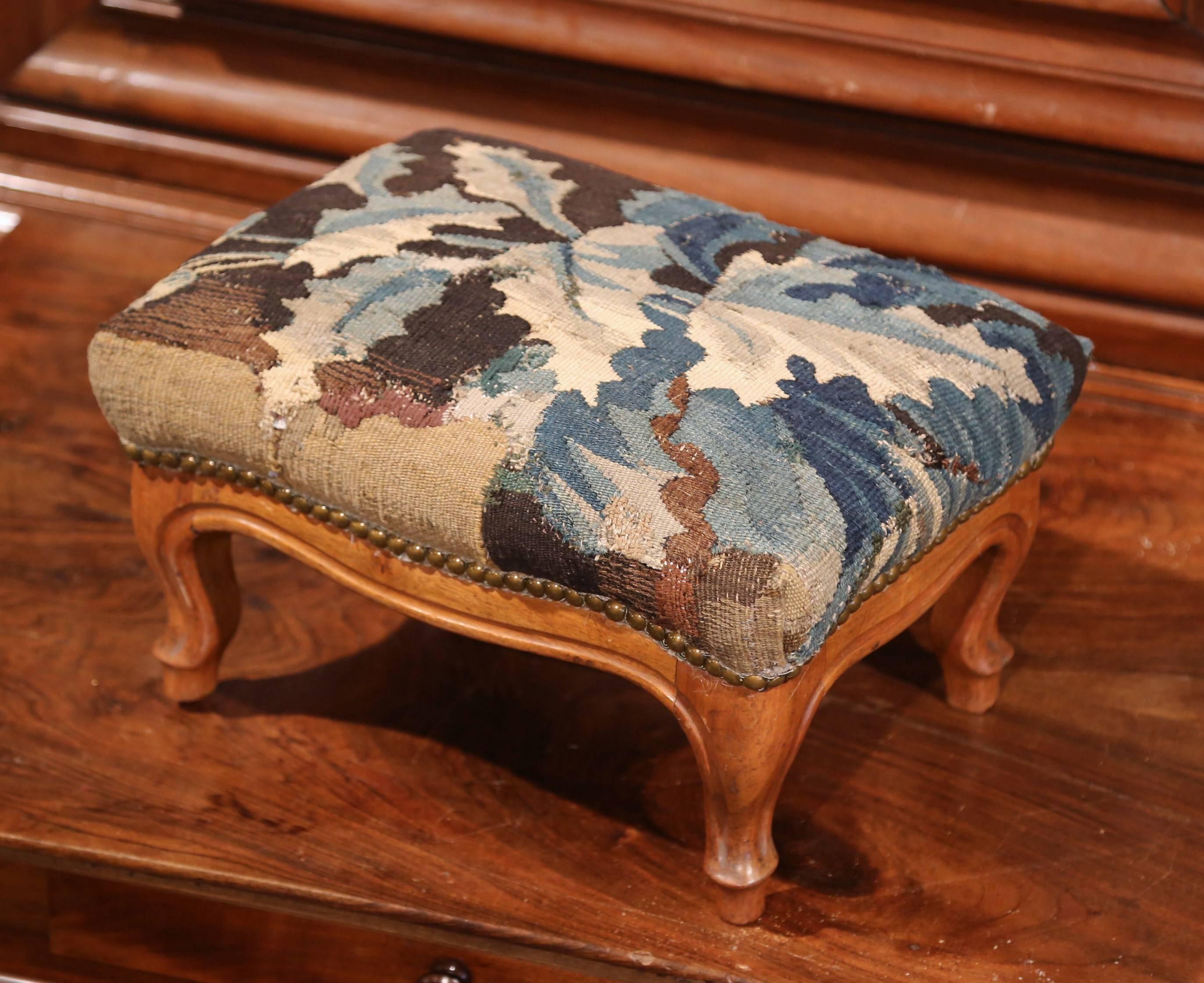 Louis XV 19th Century French Carved Walnut Footstool with 18th Century Aubusson Tapestry
