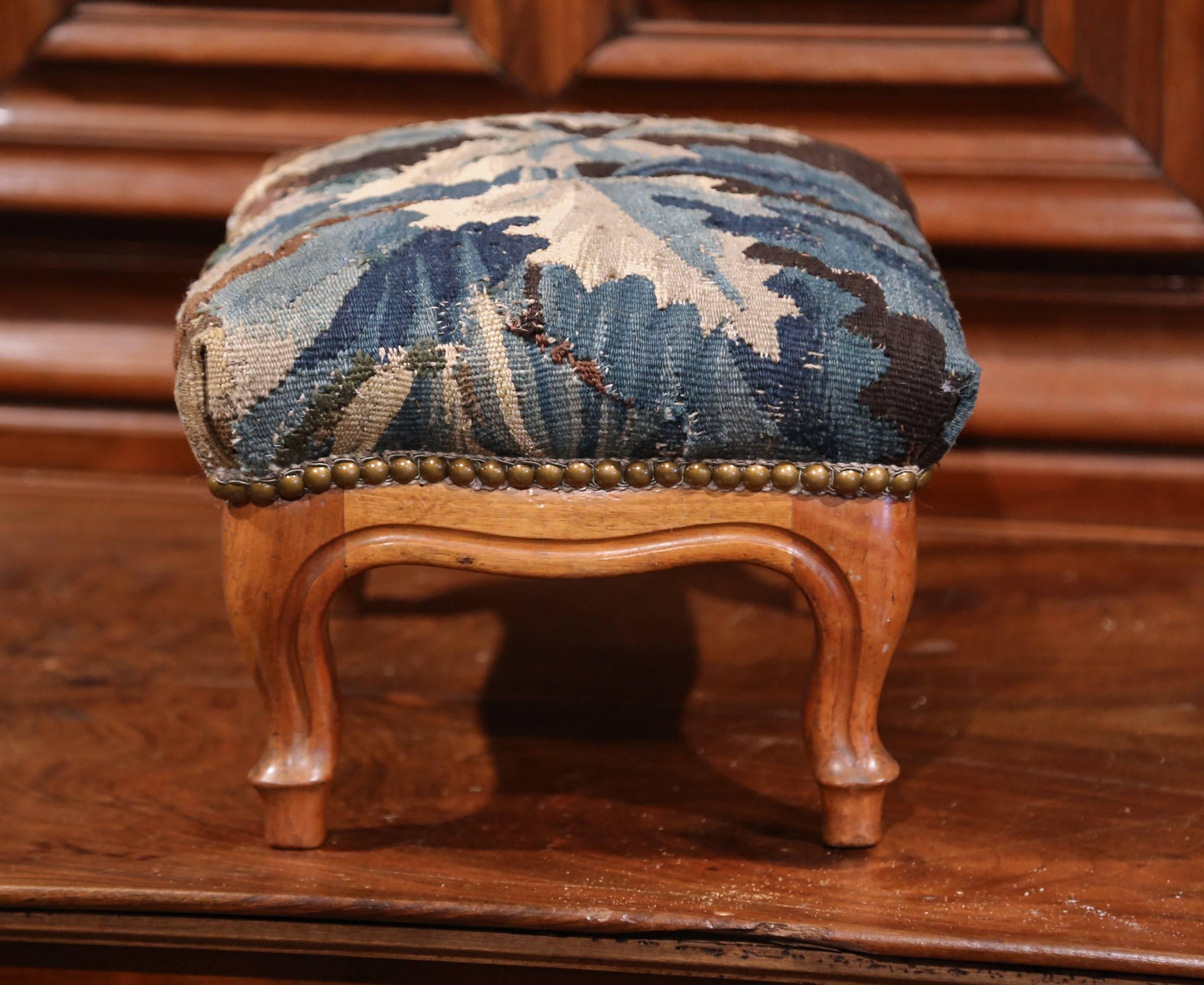 19th Century French Carved Walnut Footstool with 18th Century Aubusson Tapestry 1
