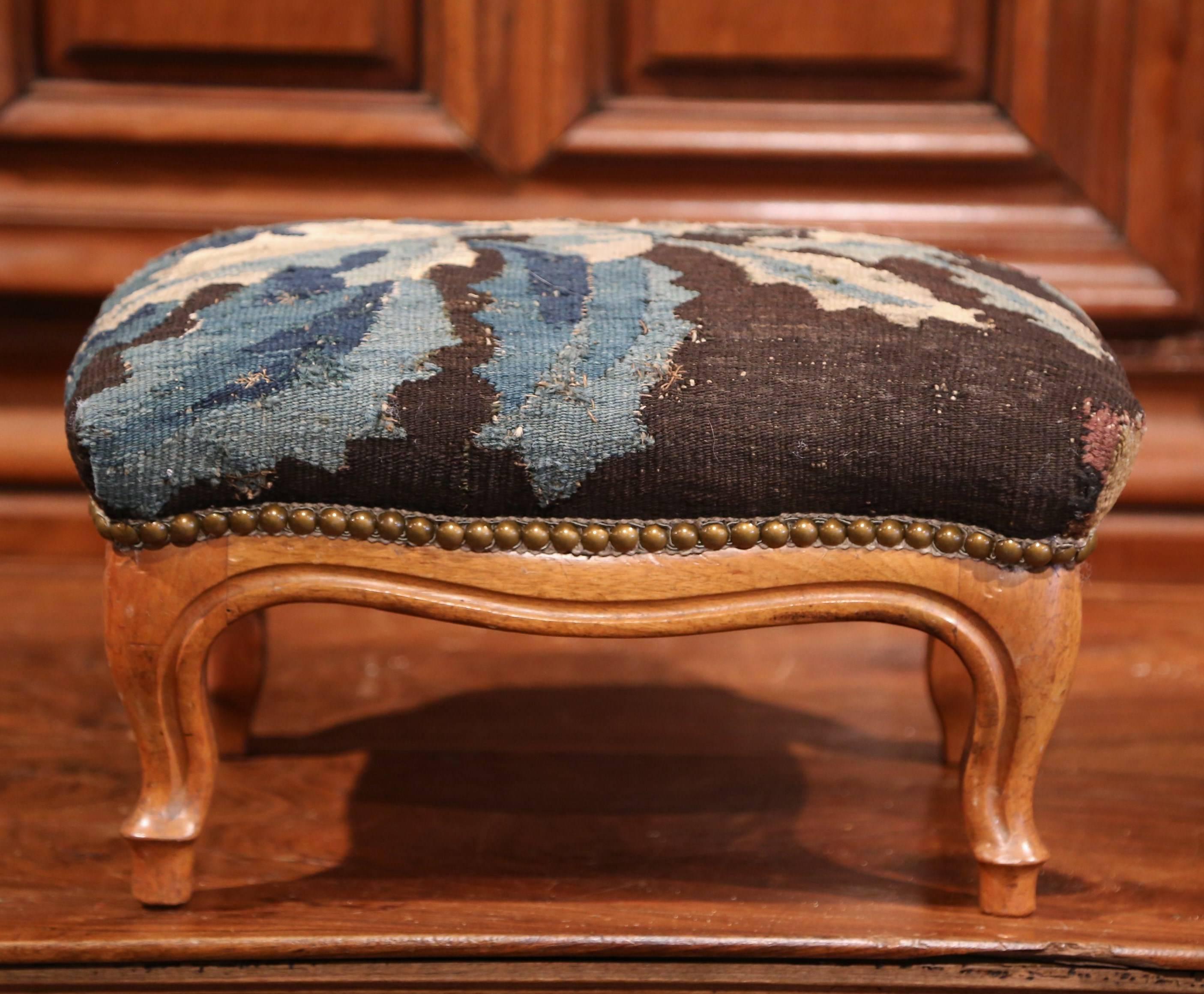 19th Century French Carved Walnut Footstool with 18th Century Aubusson Tapestry 2