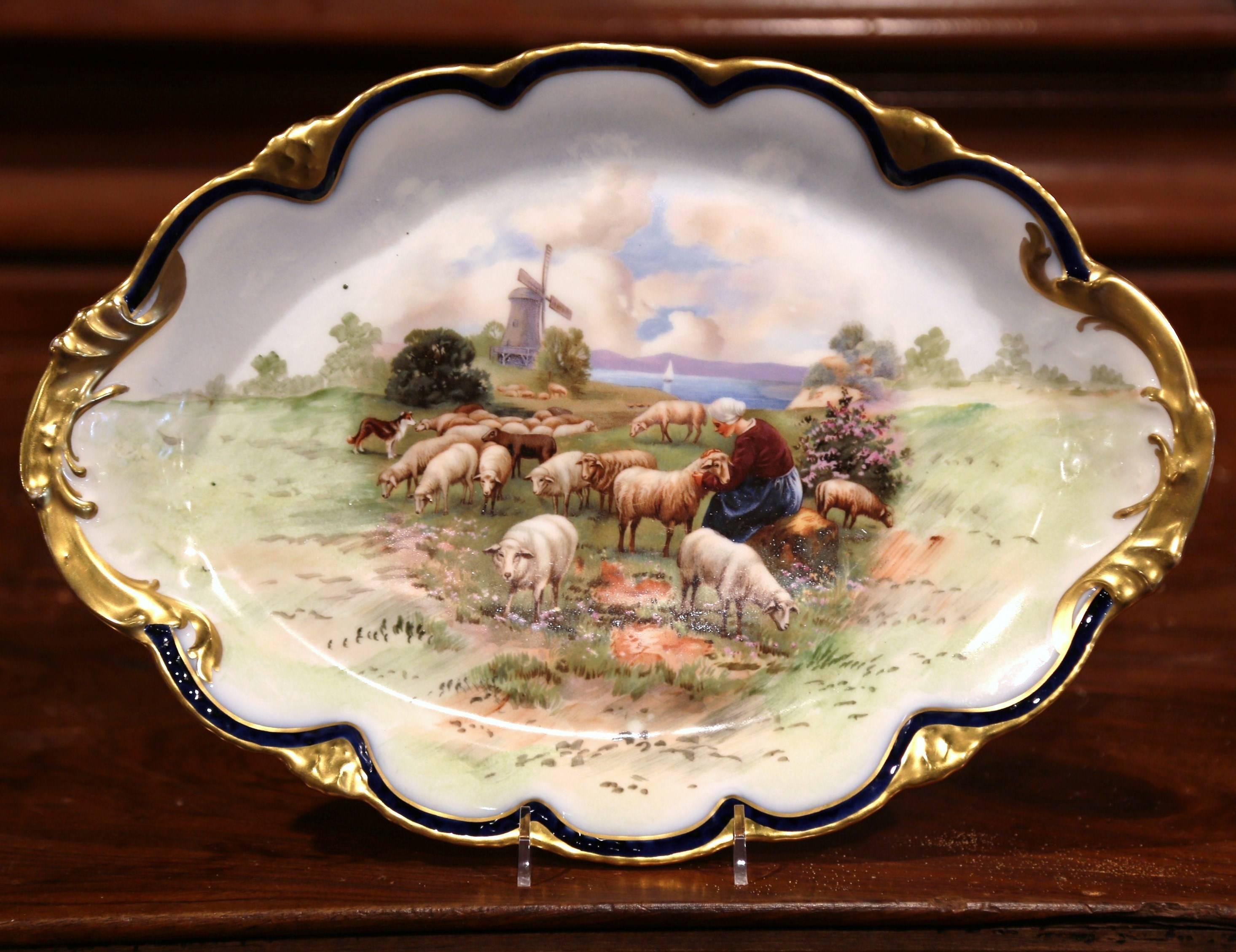 Gilt Early 20th Century French Hand-Painted Porcelain Plate with Sheep from Limoges