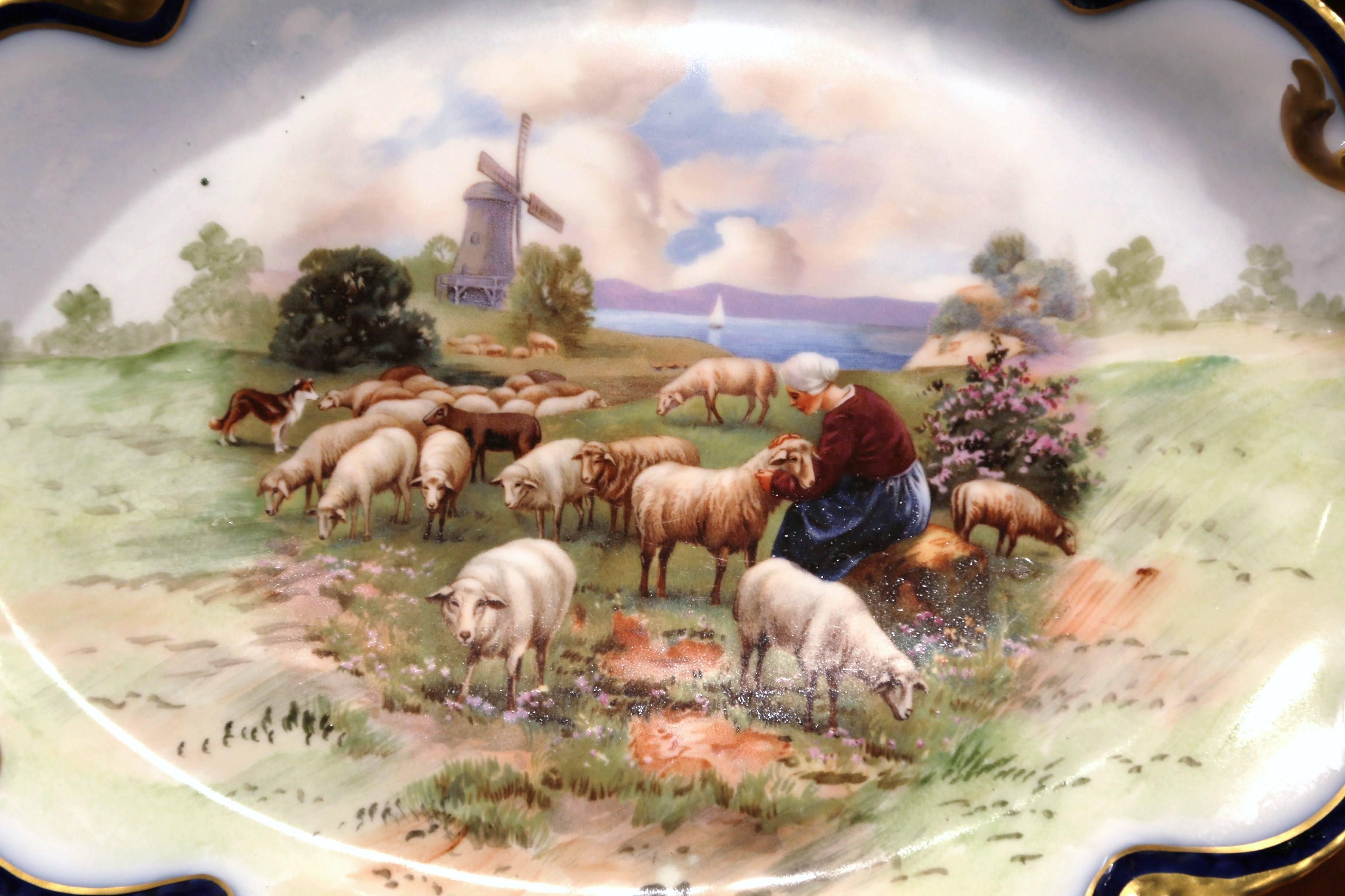 Early 20th Century French Hand-Painted Porcelain Plate with Sheep from Limoges In Excellent Condition In Dallas, TX