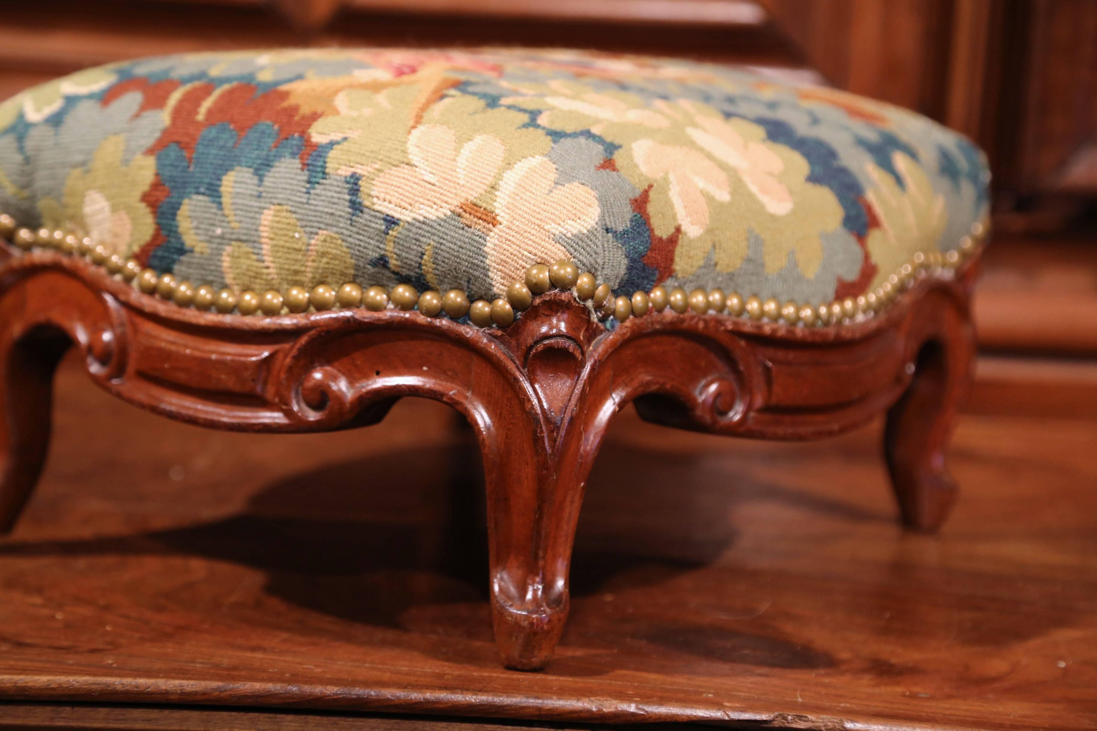 Pair of 19th Century French Carved Walnut Footstools with Aubusson Tapestry 3