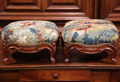 Pair of 19th Century French Carved Walnut Footstools with Aubusson Tapestry