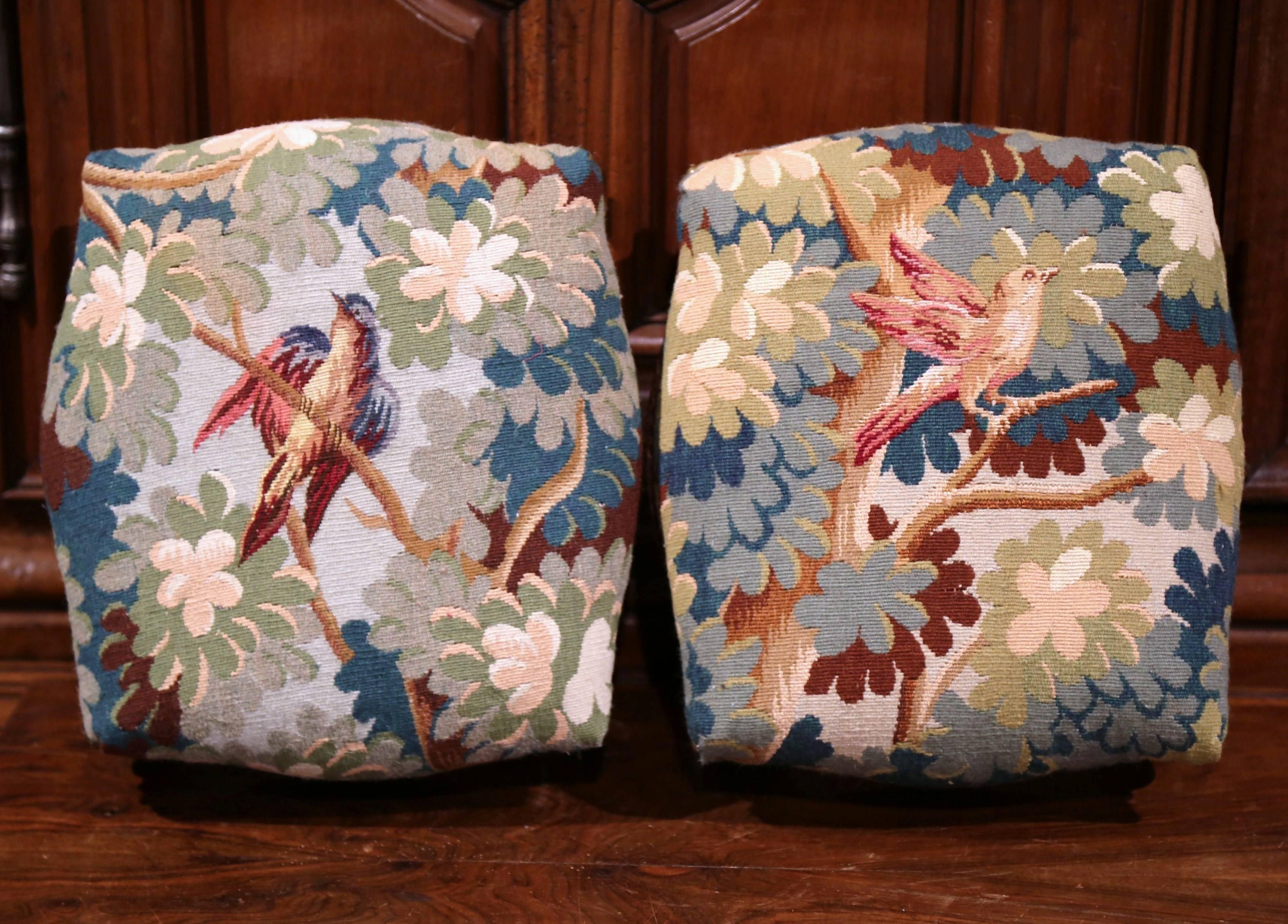 Pair of 19th Century French Carved Walnut Footstools with Aubusson Tapestry (Louis XV.)